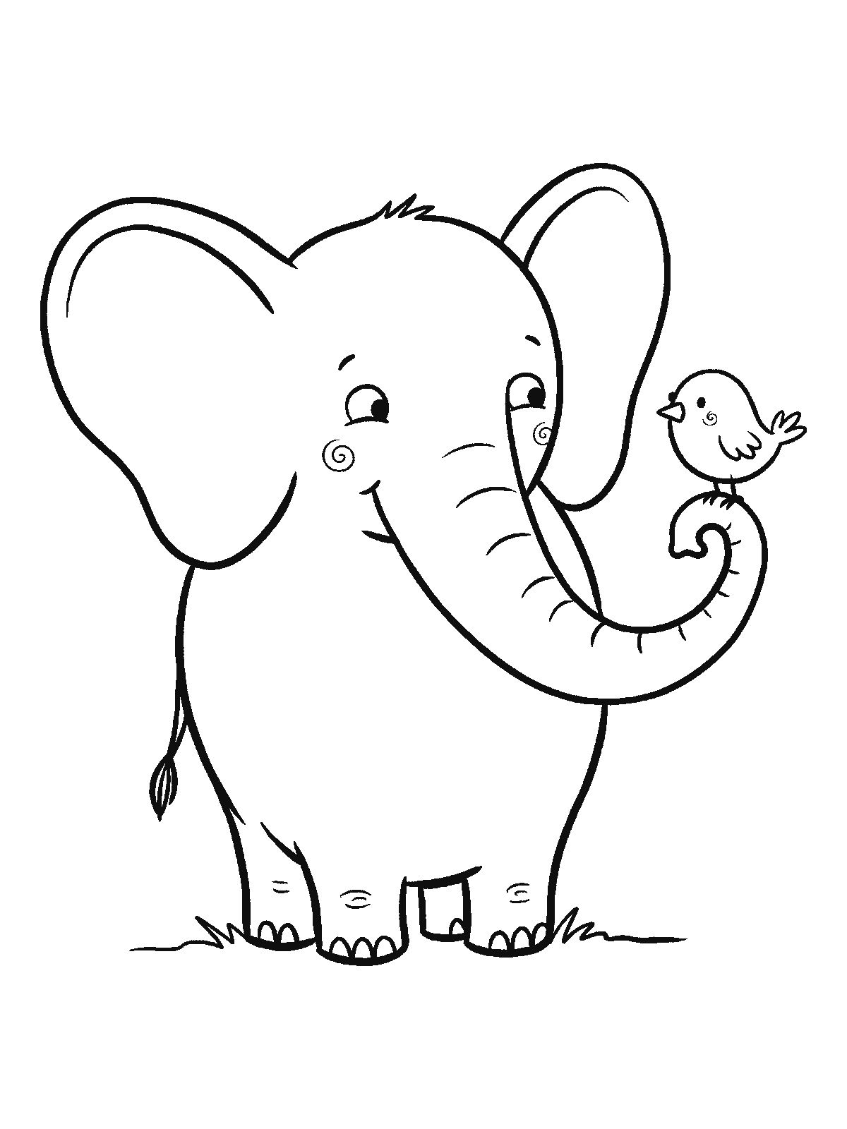 Coloring page: an elephant stands with its trunk curled up in front of it and one small round bird sitting on the curl