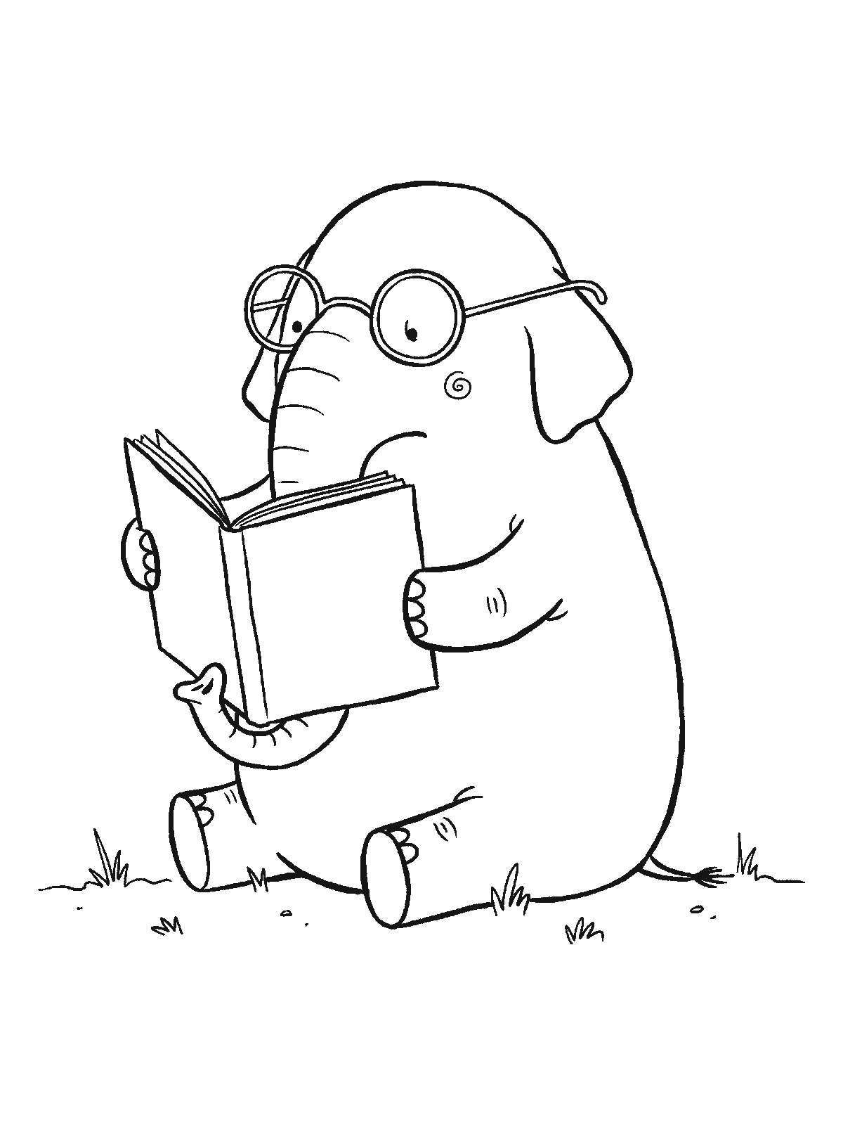 Coloring page: an elephant sits with round glasses on and one big open book held up in front of it by its trunk