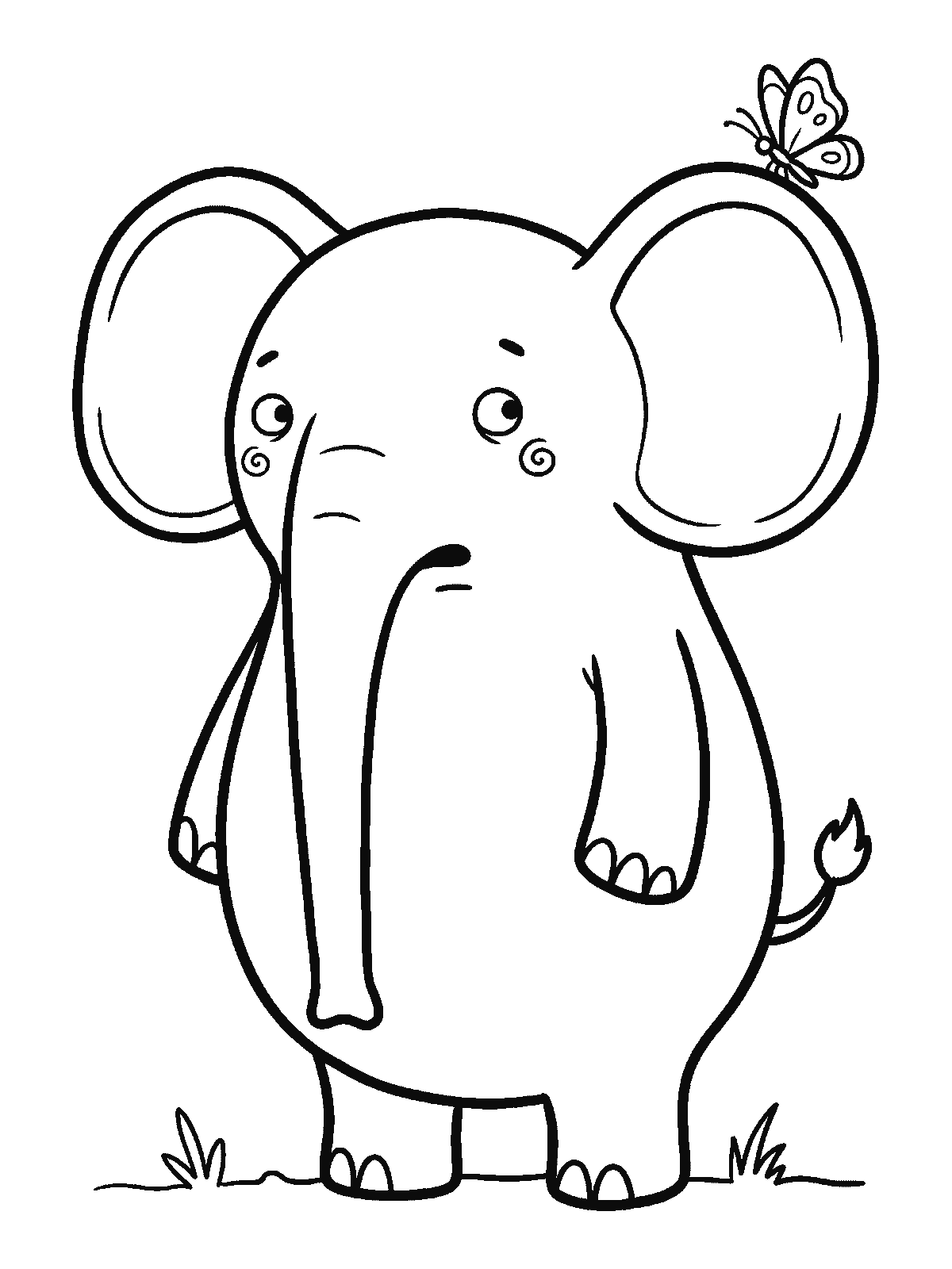 Ausmalbild: Ein Elefant steht still, auf dem oberen Rand seines großen runden Ohrs sitzt ein Schmetterling