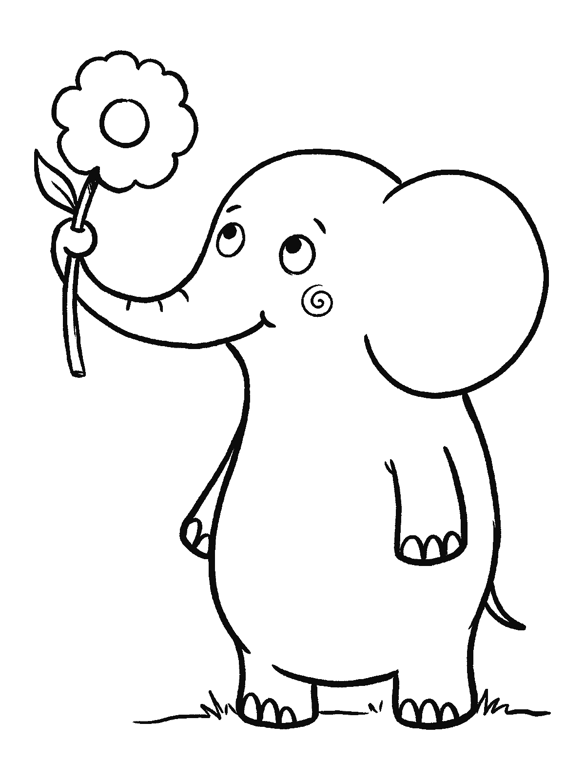 Ausmalbild: Ein Elefant hält an der Rüsselspitze eine große runde Blume und hebt sie nach oben, um sie zu betrachten