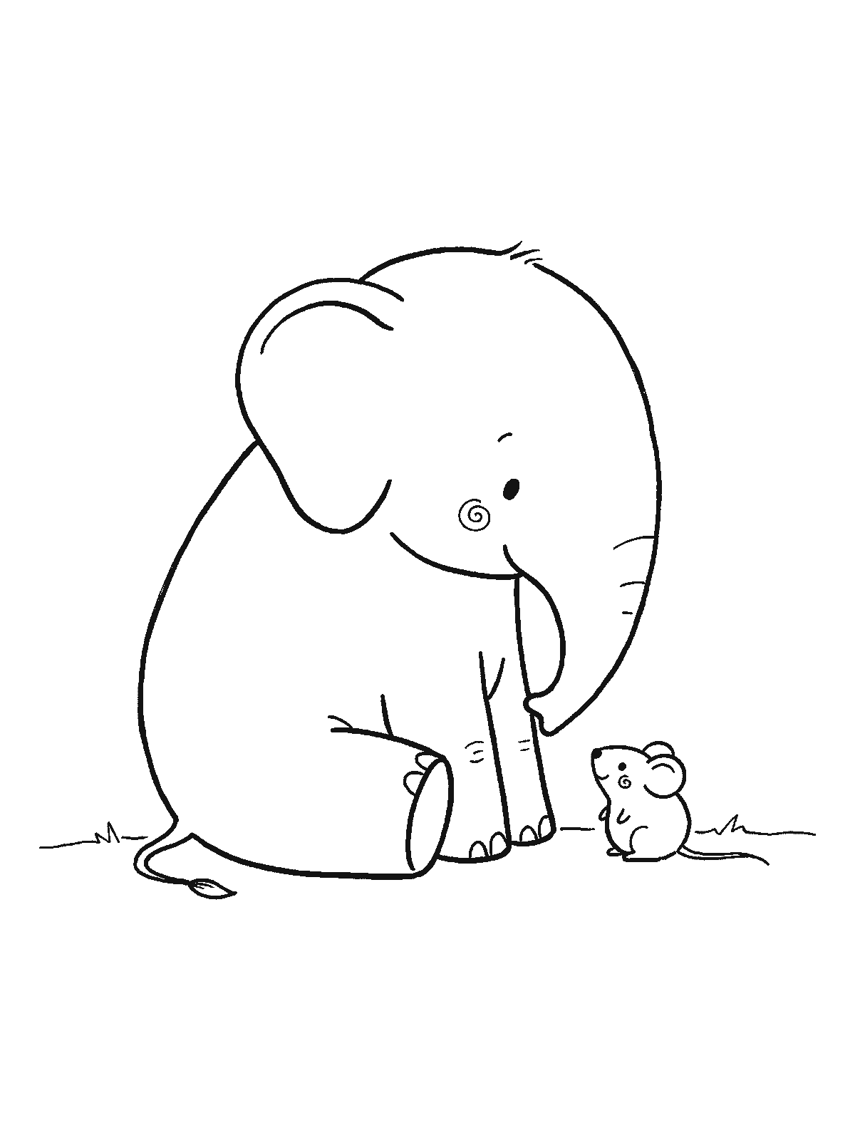Coloring page: a big elephant sits calmly with one very small round mouse sitting right in front of it, the two looking at each other