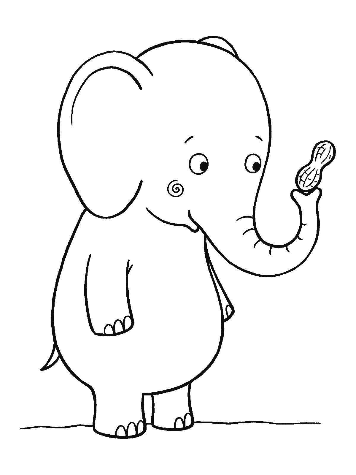 Coloring page: an elephant stands holding one single peanut at the very tip of its trunk, looking at it closely