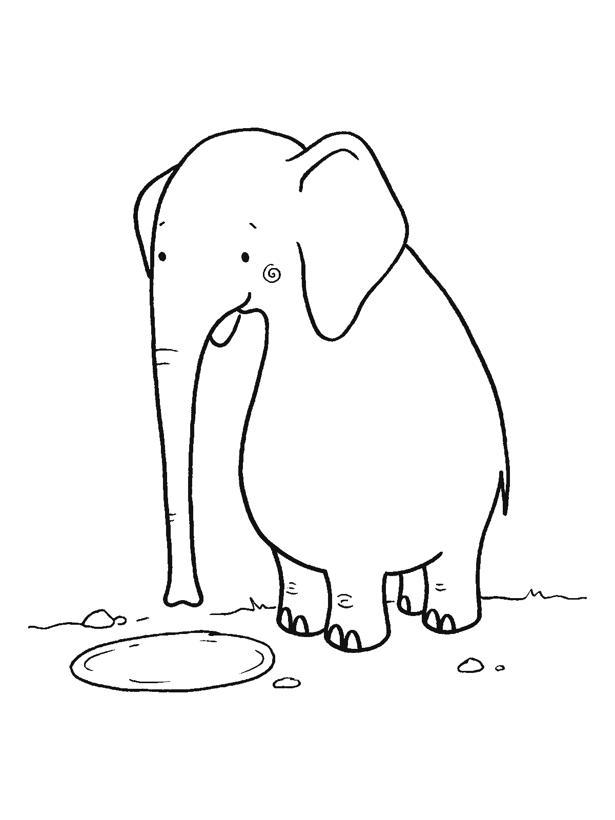Coloring page: an elephant stands beside one small round puddle with its trunk hanging low, looking down into it