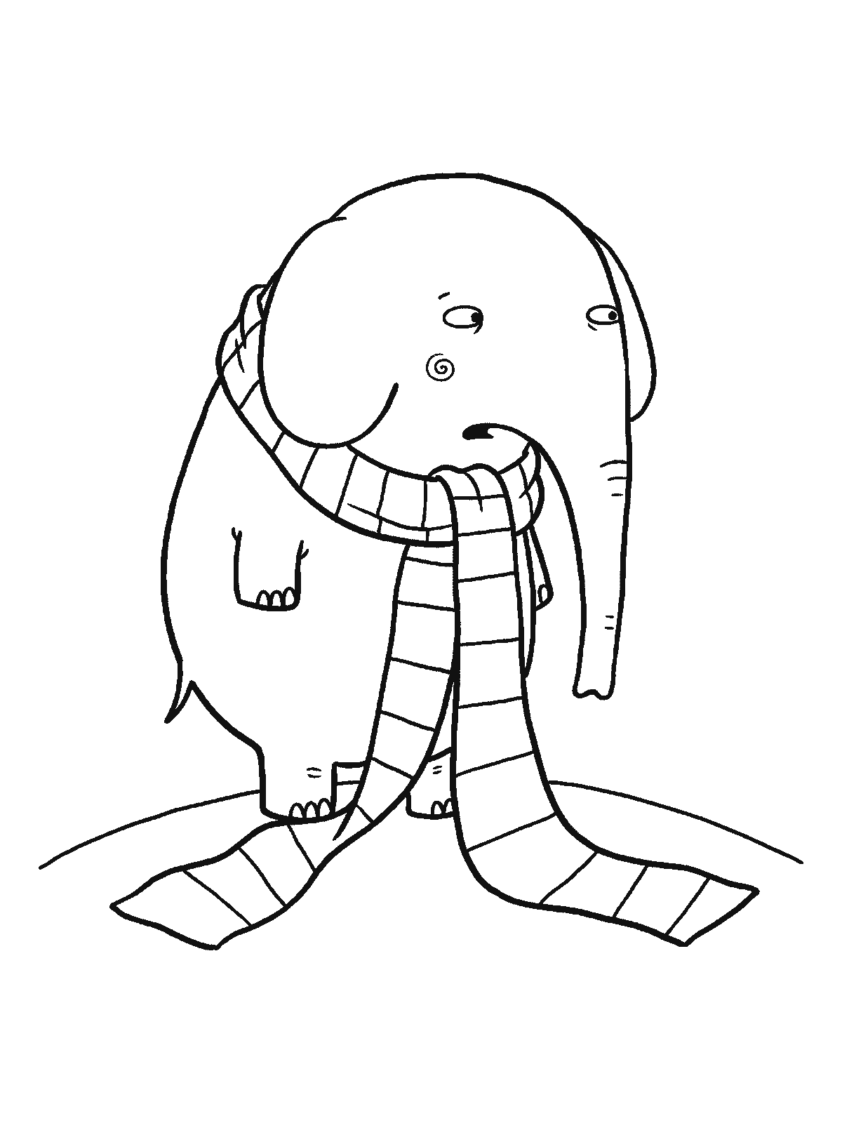 Coloring page: an elephant stands with one long striped scarf wound around its neck, both ends hanging down