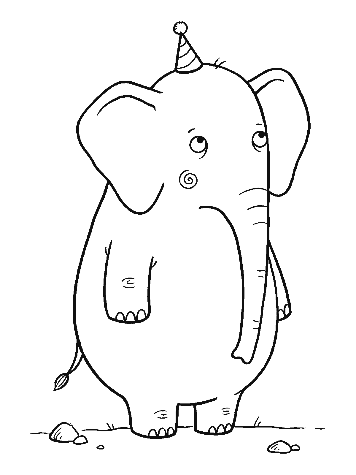 Coloring page: an elephant stands still with one very small round hat sitting on top of its head