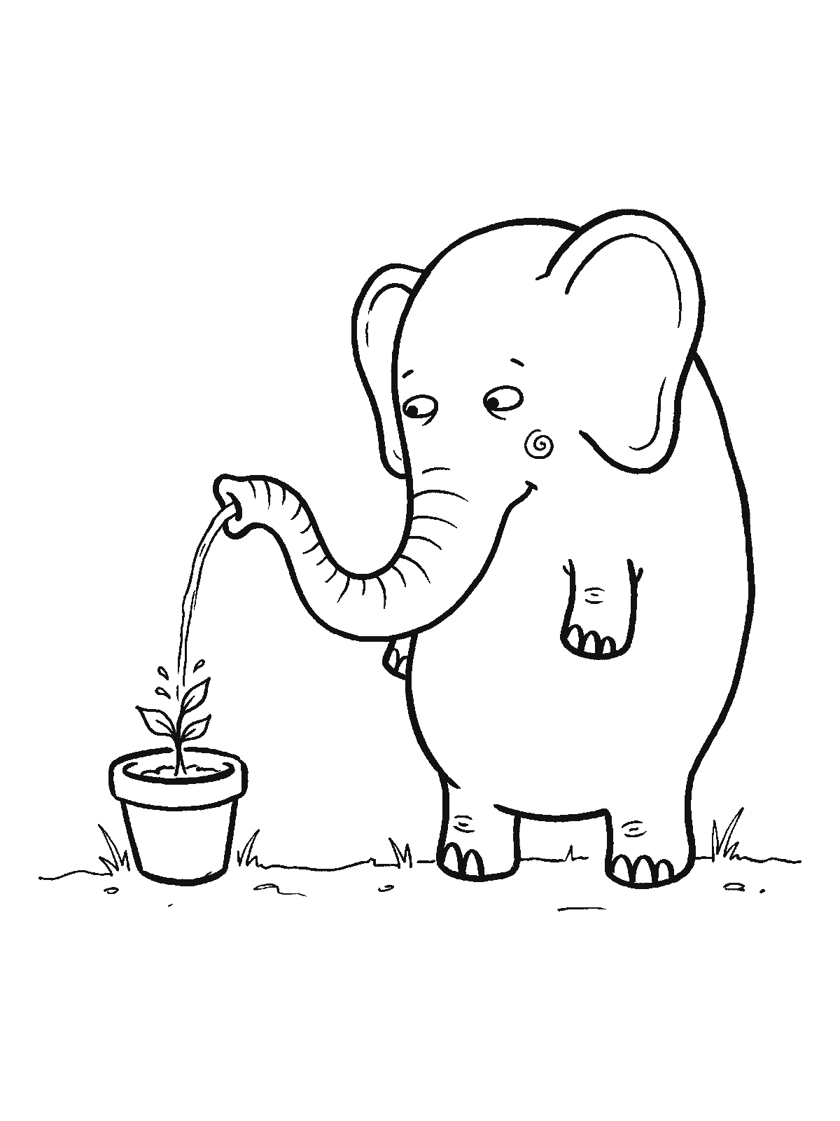Ausmalbild: Ein Elefant gießt mit einem dünnen Wasserstrahl aus dem Rüssel eine sehr kleine Pflanze in einem runden Topf
