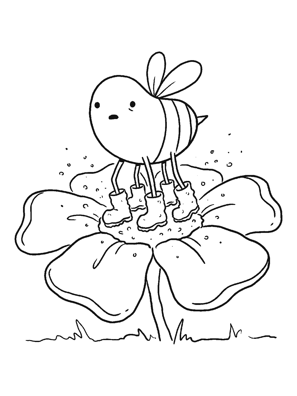 Coloring page: a bee wearing tiny rubber boots standing inside a big open flower with pollen dust all around it