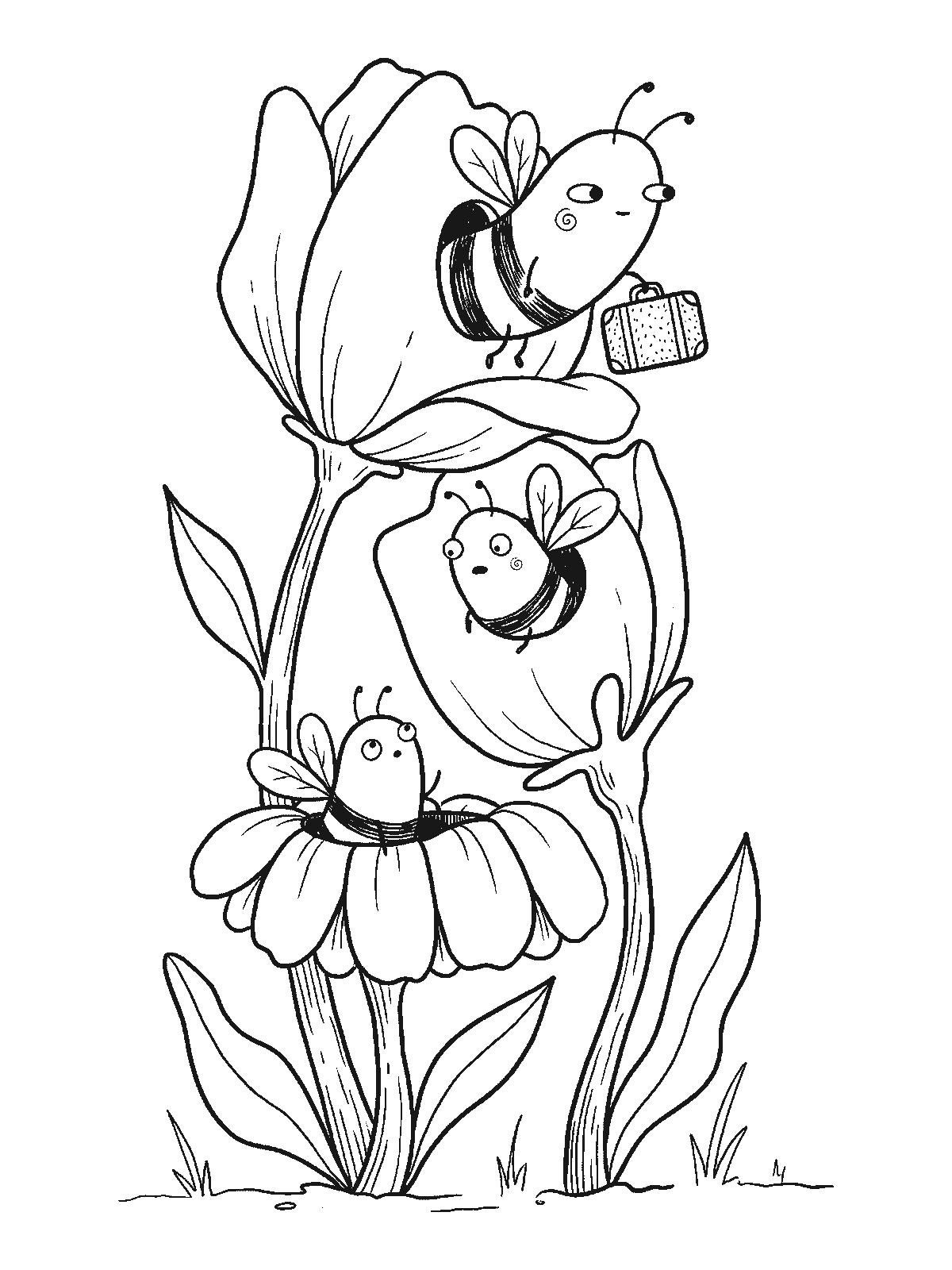 Coloring page: three big flowers stacked like a hotel with a bee looking out of each flower, one of them holding a tiny suitcase