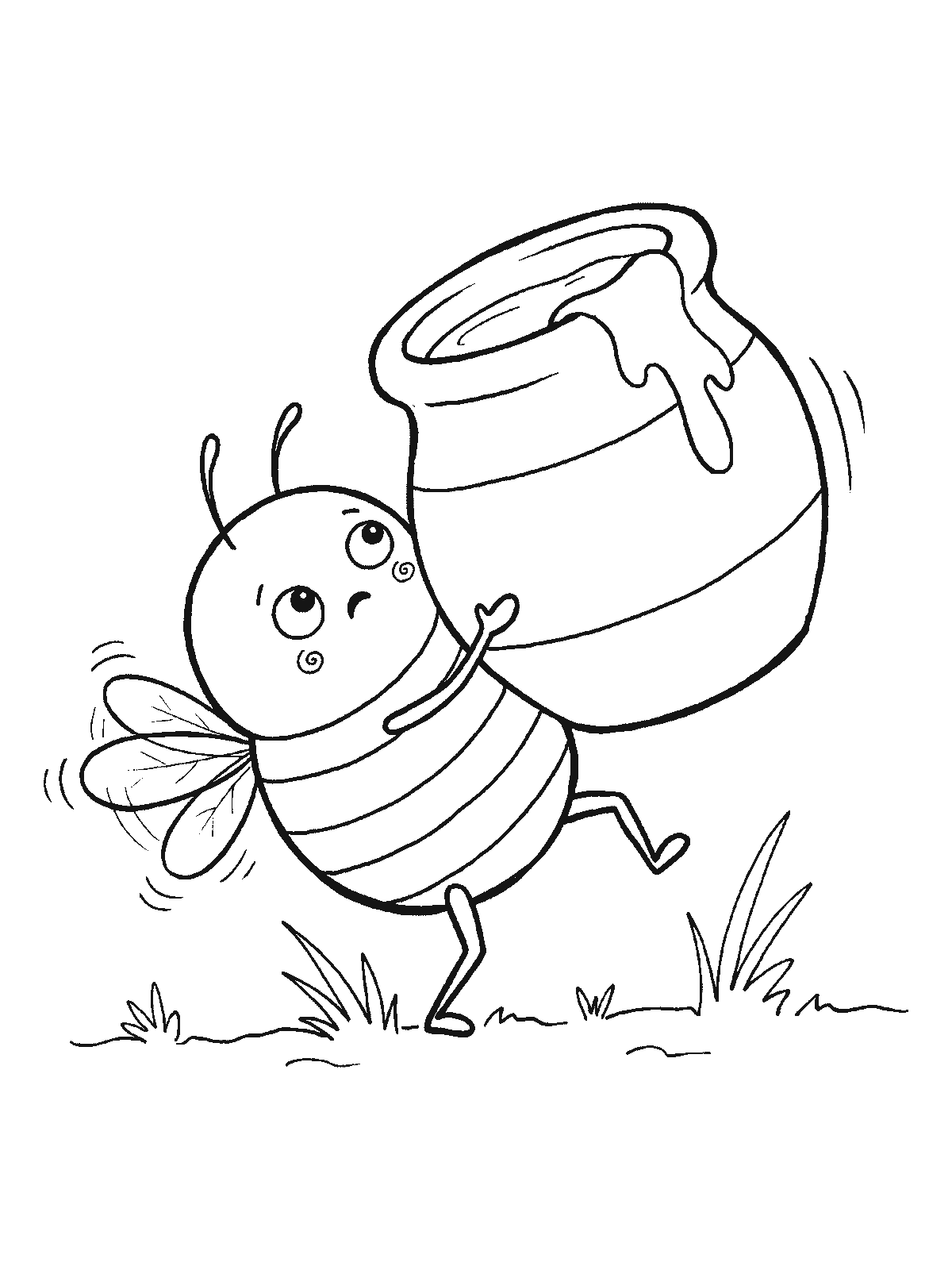 Coloring page: a small round bee carrying a honey pot that is far too heavy, leaning back with its tiny wings buzzing