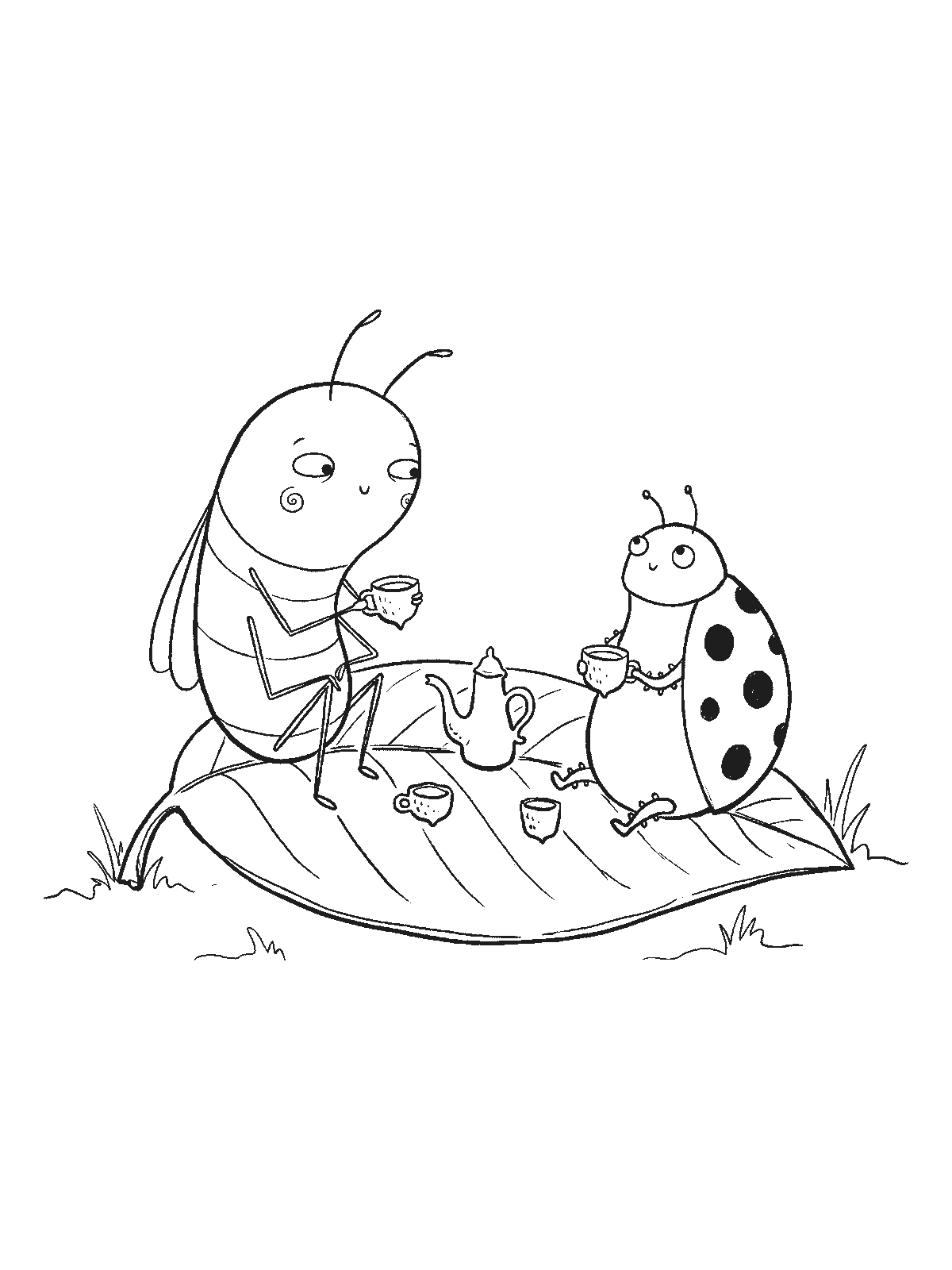 Coloring page: a bee and a ladybug having a tea party on a big flat leaf with two acorn cups and a tiny teapot between them