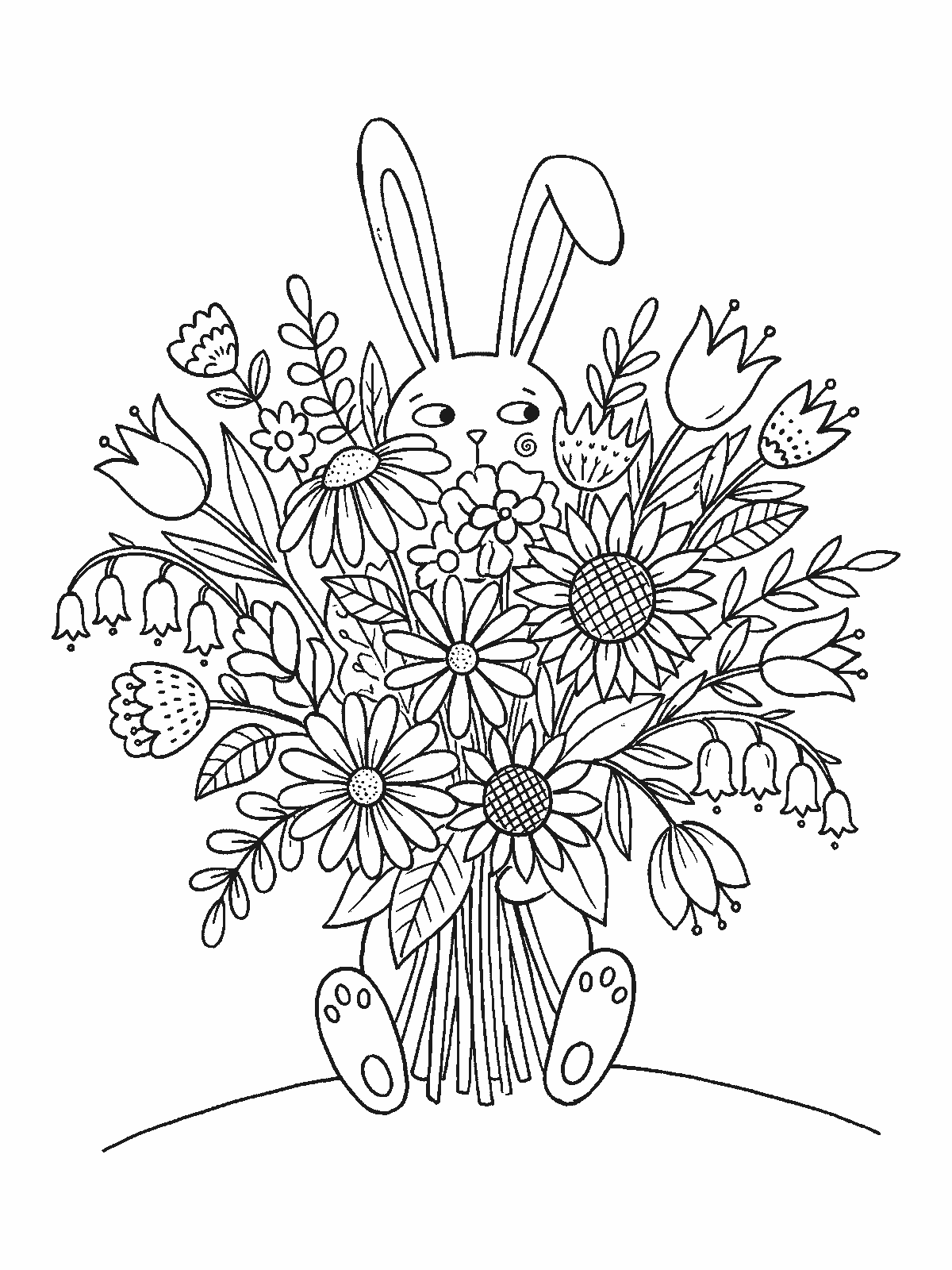 Coloring page: a bunny holding a big bouquet of different flowers with both paws, so big that only its ears and feet are visible behind it