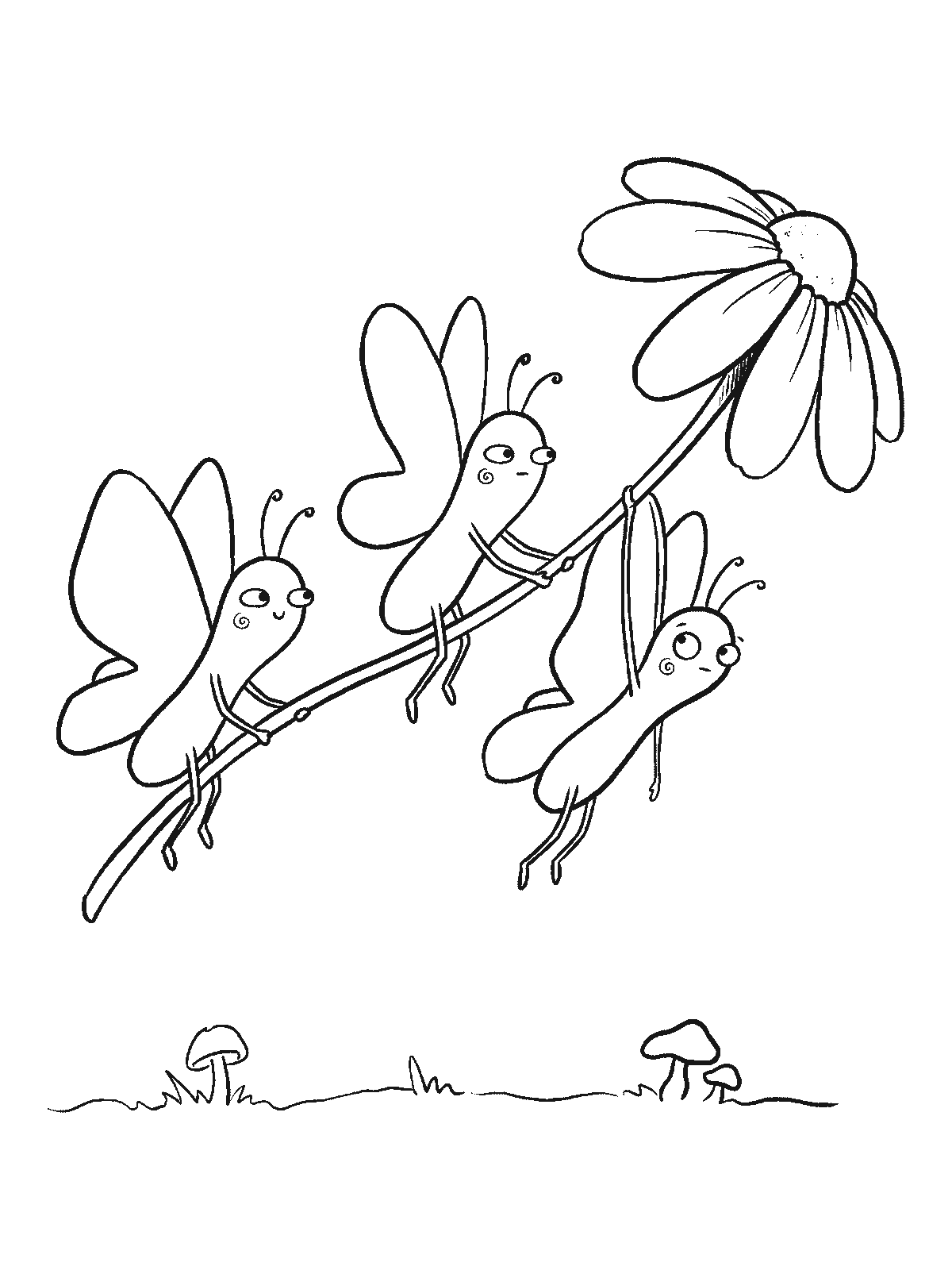 Coloring page: three butterflies together carrying one big flower through the air by its stem like a kite