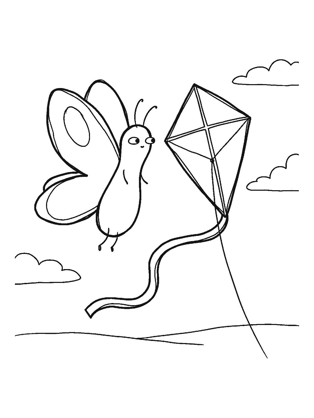 Ausmalbild: Ein Schmetterling fliegt am Himmel auf gleicher Höhe neben einem einfachen Drachen an einer Schnur und schielt zu ihm hinüber