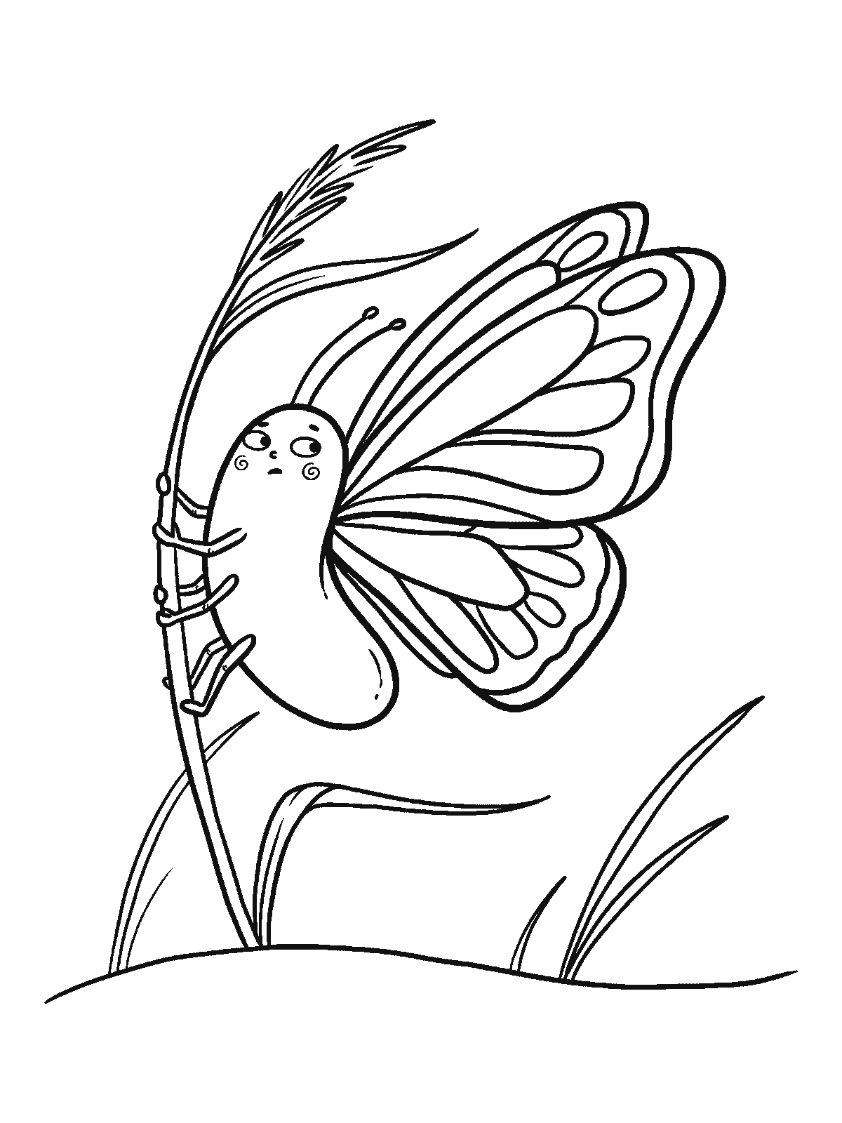 Ausmalbild: Ein Schmetterling hält sich mit allen sechs Beinen an der Spitze eines hohen Grashalms fest, während der Wind seine Flügel flach nach hinten zieht