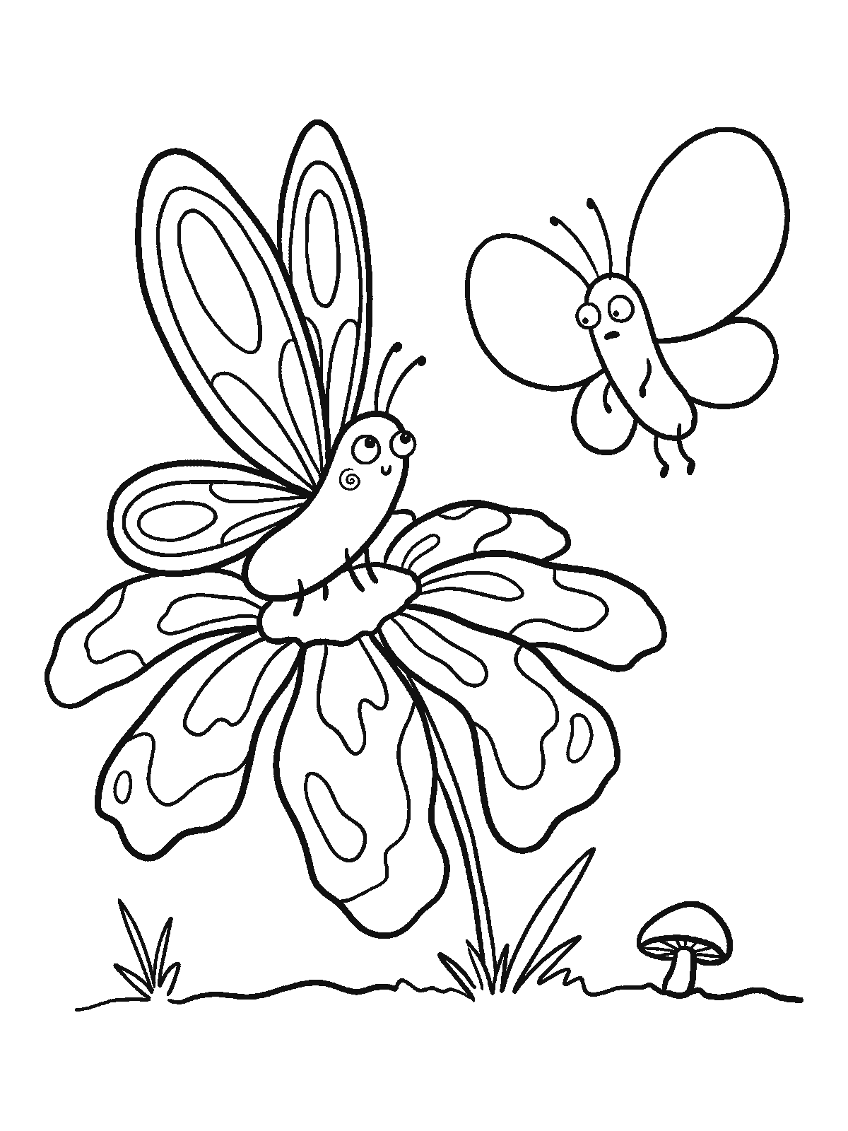 Coloring page: a butterfly whose wing pattern matches the petals of the flower it sits on, and a second surprised butterfly nearby