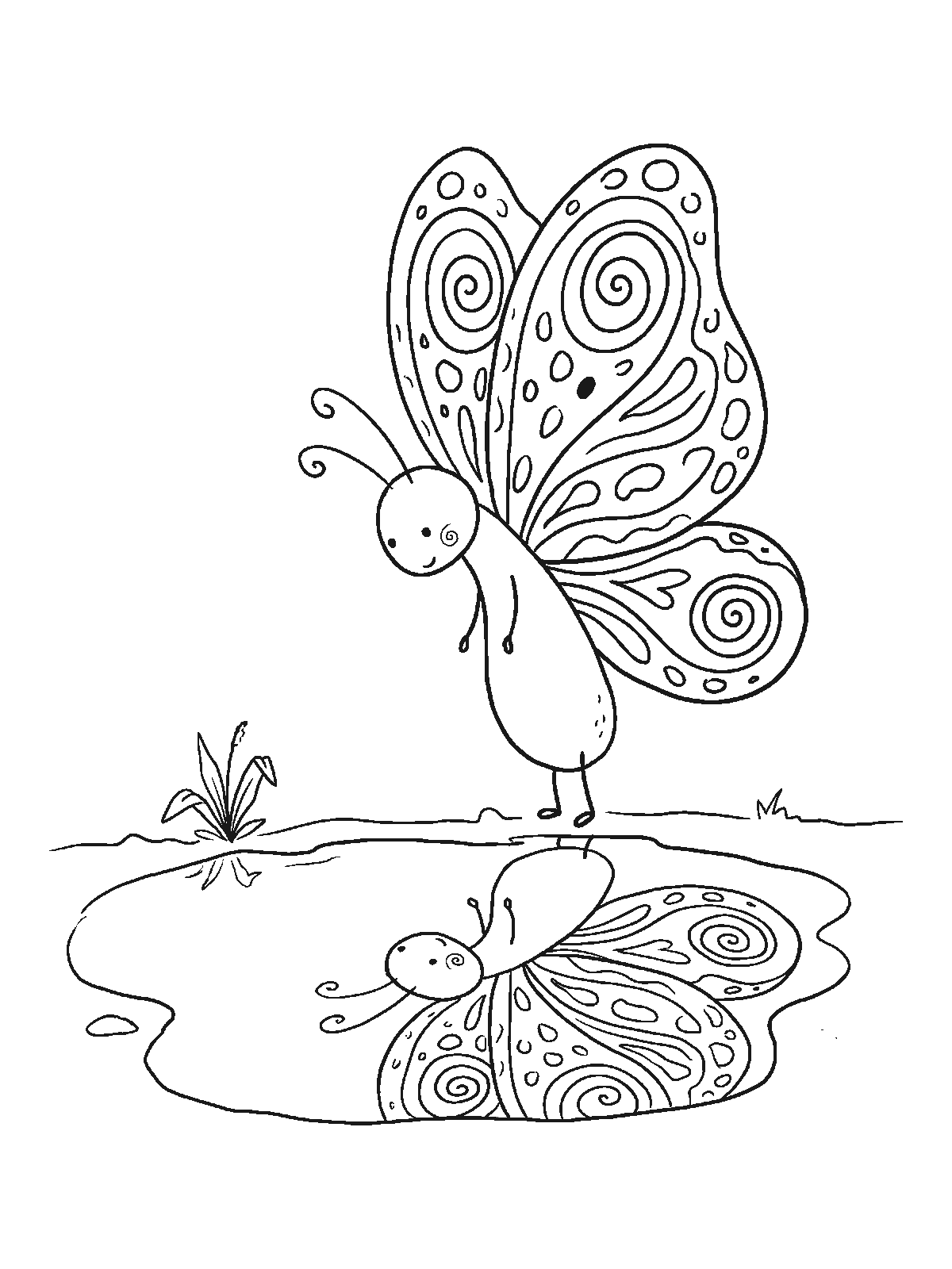 Coloring page: a butterfly standing at the edge of a small round puddle looking at its own reflection in the water