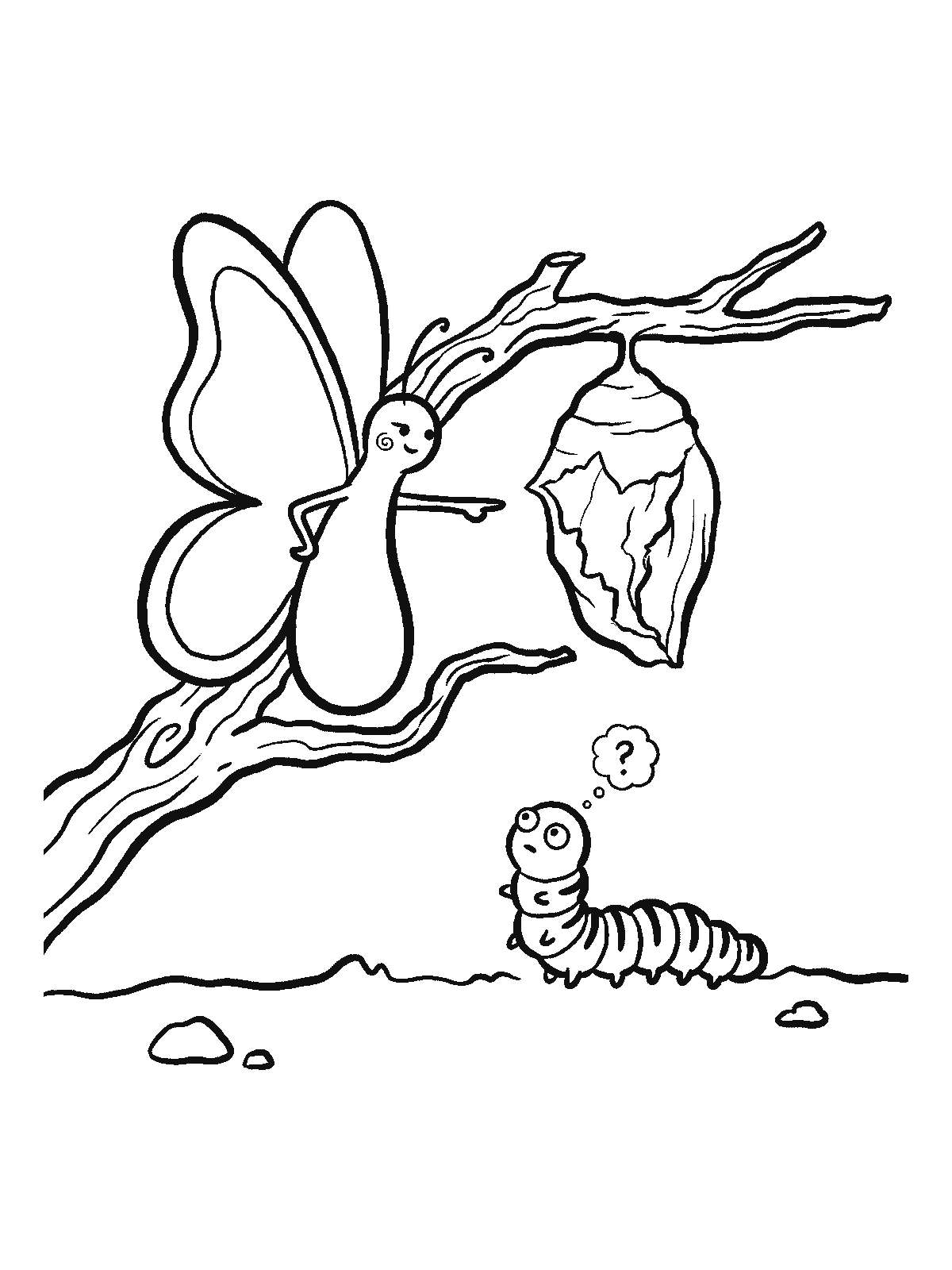 Ausmalbild: Ein Schmetterling auf einem Ast zeigt auf einen leeren Kokon daneben, während eine gestreifte Raupe darunter vom Kokon zum Schmetterling schaut