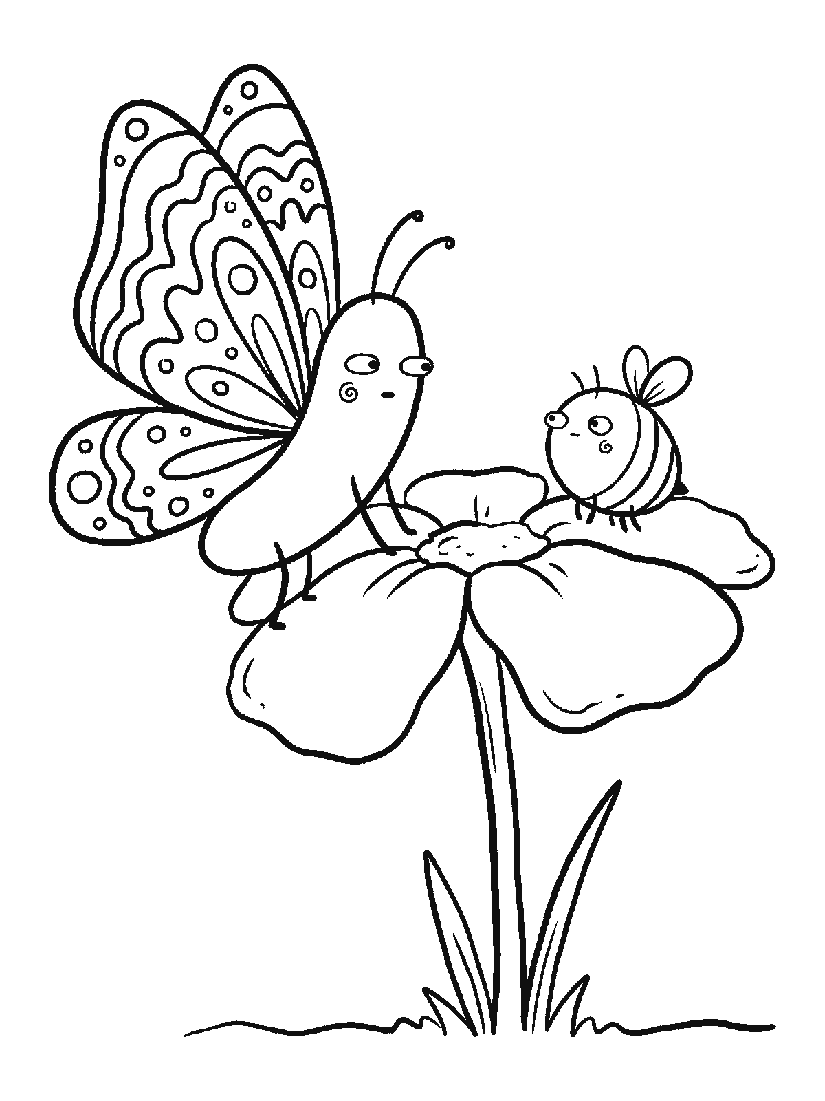 Coloring page: a butterfly with big patterned wings on one side of a large open flower and a small round bee on the other side