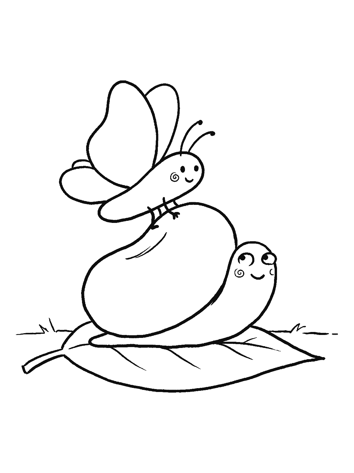 Coloring page: a butterfly sitting on the top of a snail's shell like a passenger while the snail moves along a leaf