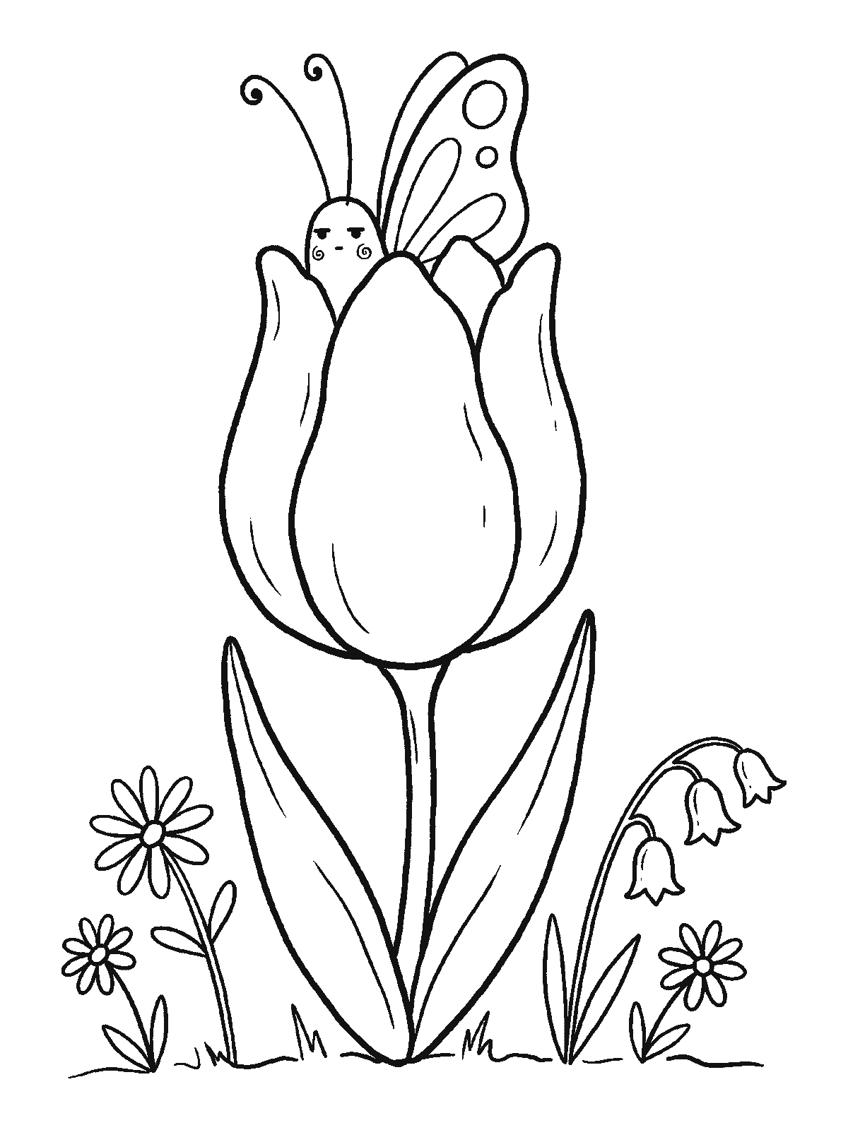 Ausmalbild: Eine geschlossene Tulpe, aus der oben zwei Schmetterlingsfühler und eine Flügelspitze herausschauen, der Rest schläft darin