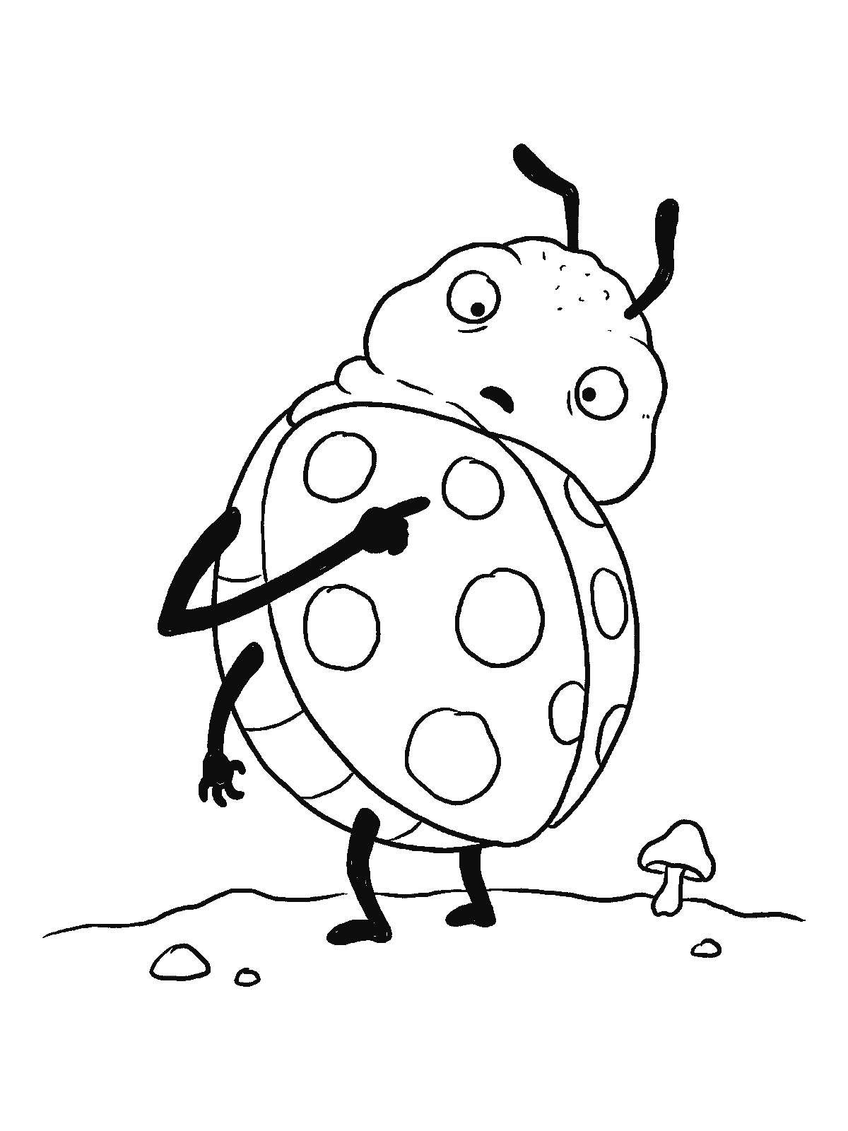 Coloring page: a ladybug twisting around to look at its own back, counting the spots on its shell with one tiny leg