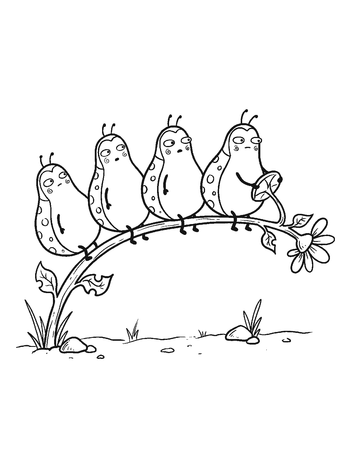 Coloring page: four ladybugs sitting in a row on one long flower stem as if it were a bus, all facing the same direction