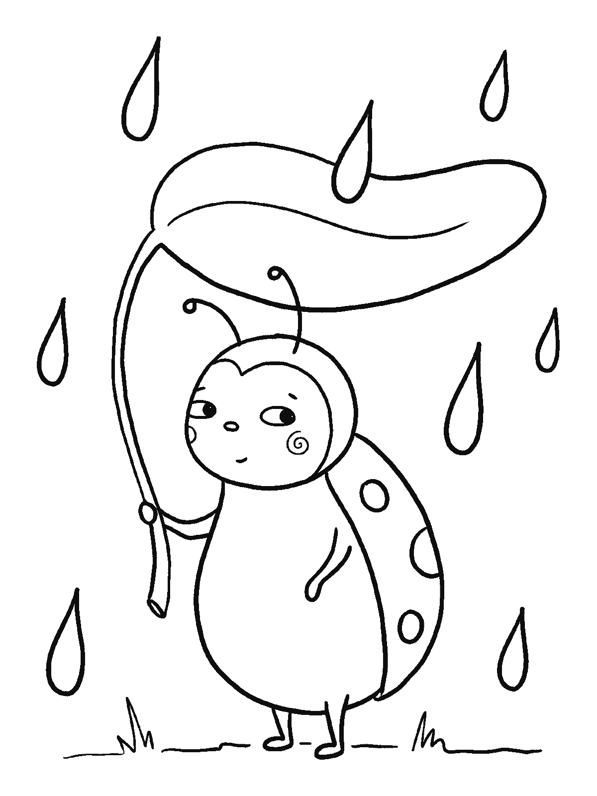 Coloring page: a ladybug holding a small leaf over its head like an umbrella while a few raindrops fall around it