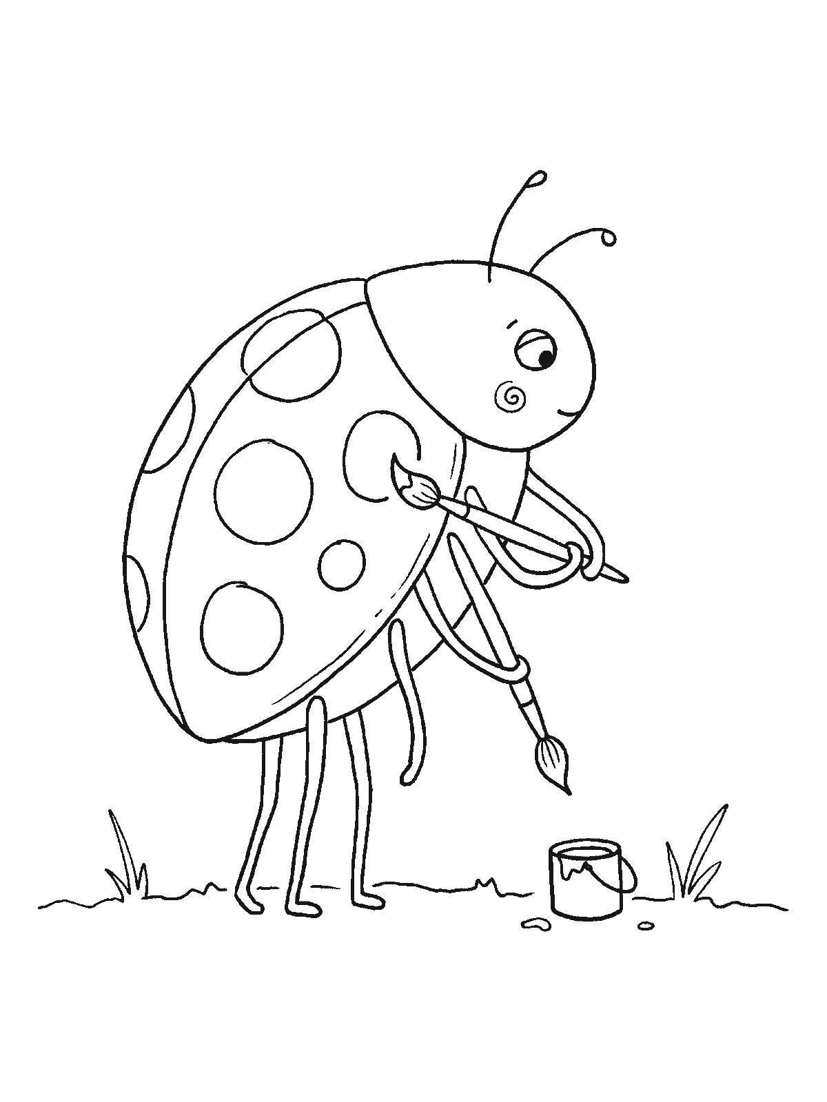Coloring page: a ladybug with only half of its spots holding a small paintbrush and painting the missing spots onto its own shell