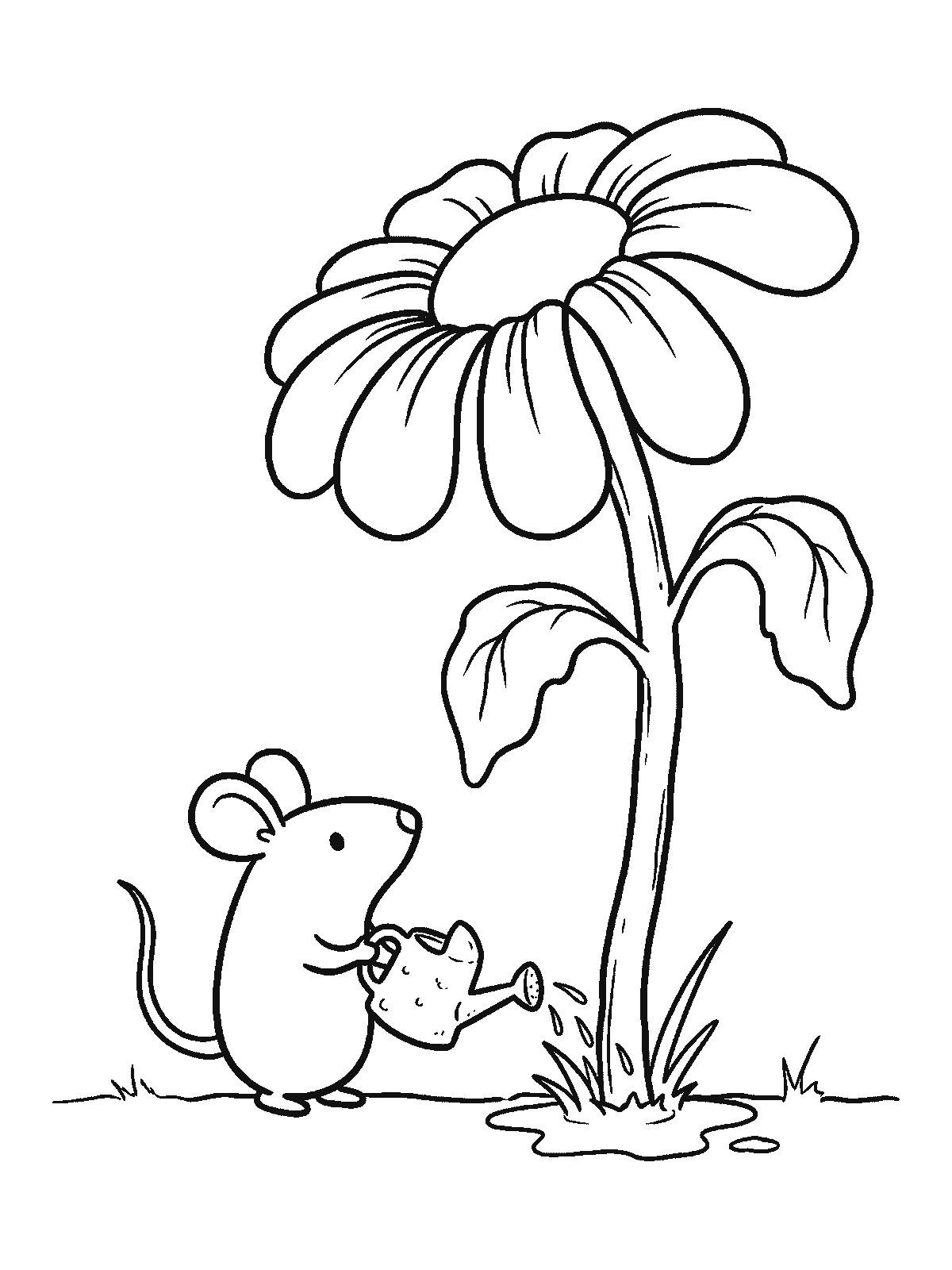 Coloring page: a small mouse holding a tiny watering can, watering a flower that is many times bigger than itself