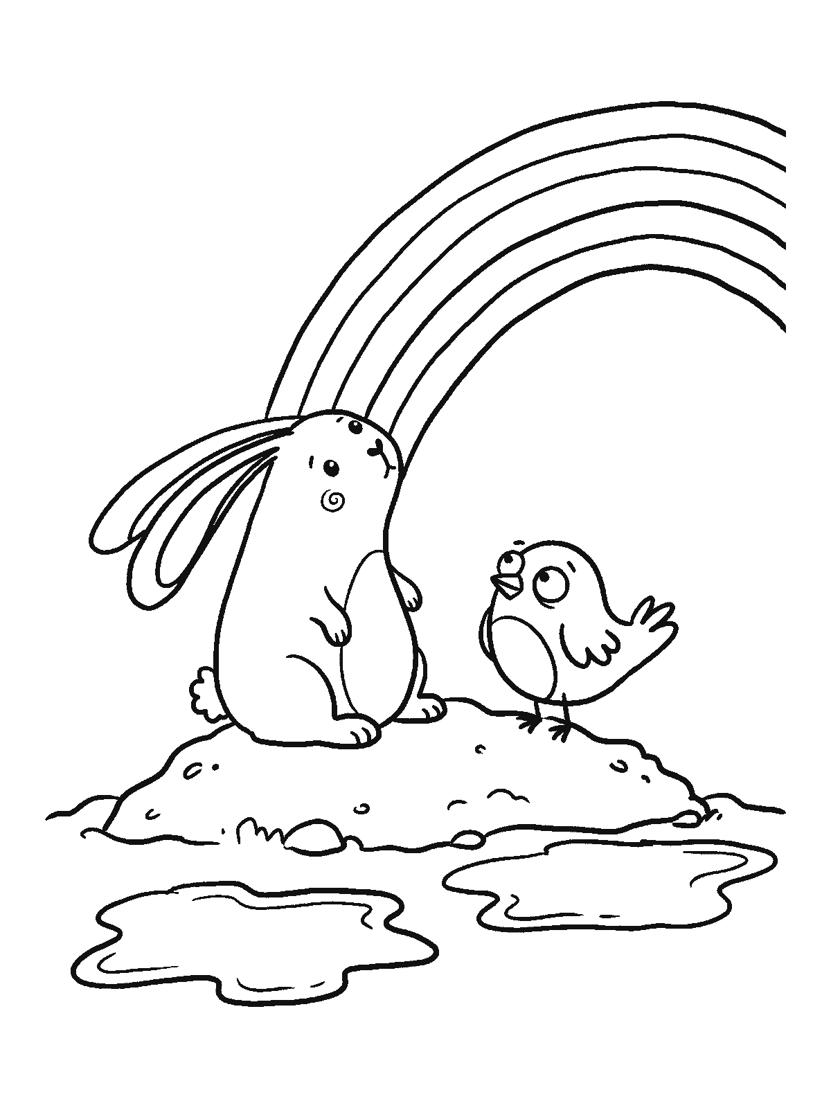 Coloring page: a bunny and a small bird sitting on a hill looking up at a big rainbow arching across the sky, with puddles below