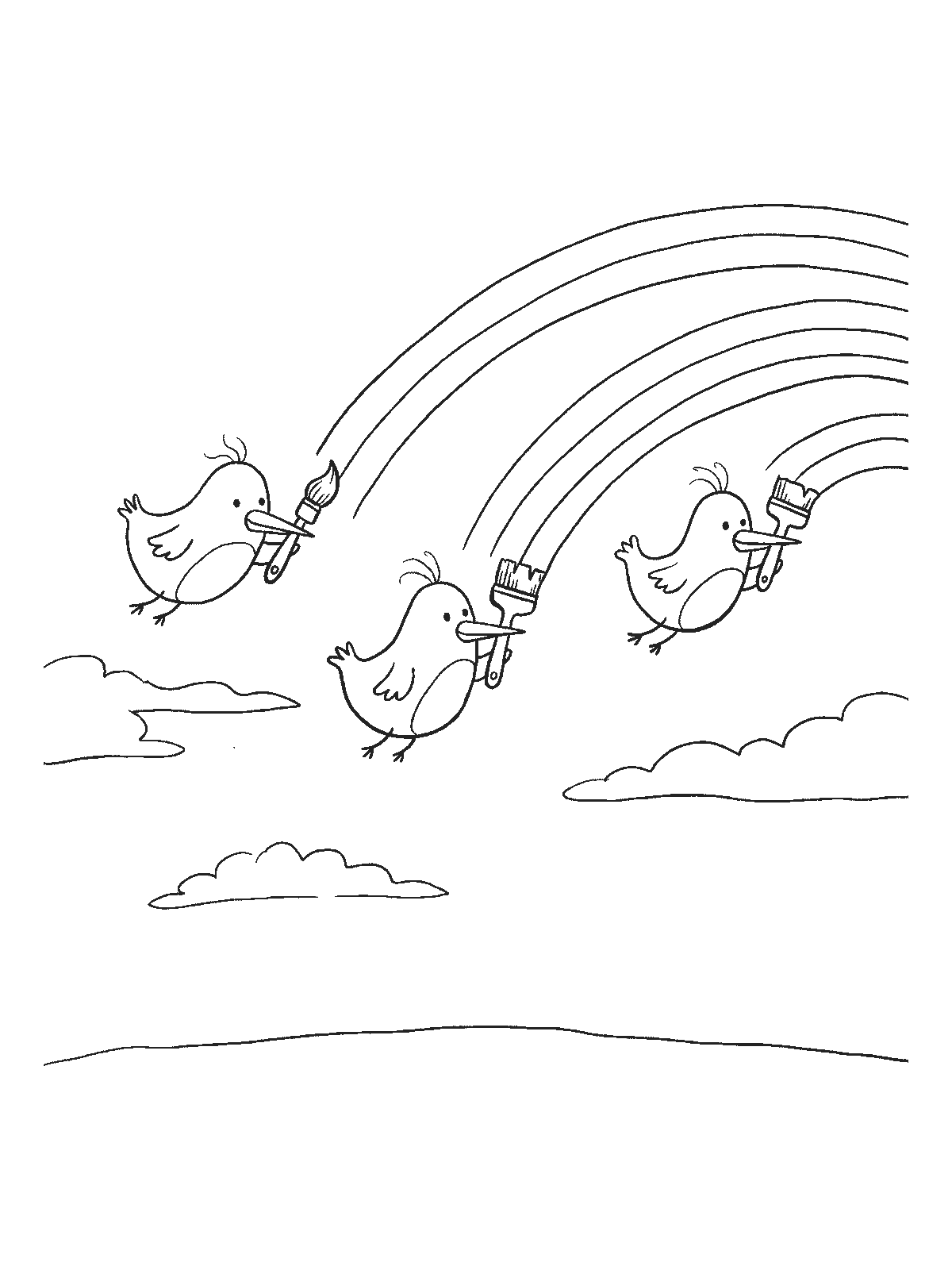 Coloring page: three little birds in the sky holding paintbrushes in their beaks, painting the stripes of a rainbow one by one