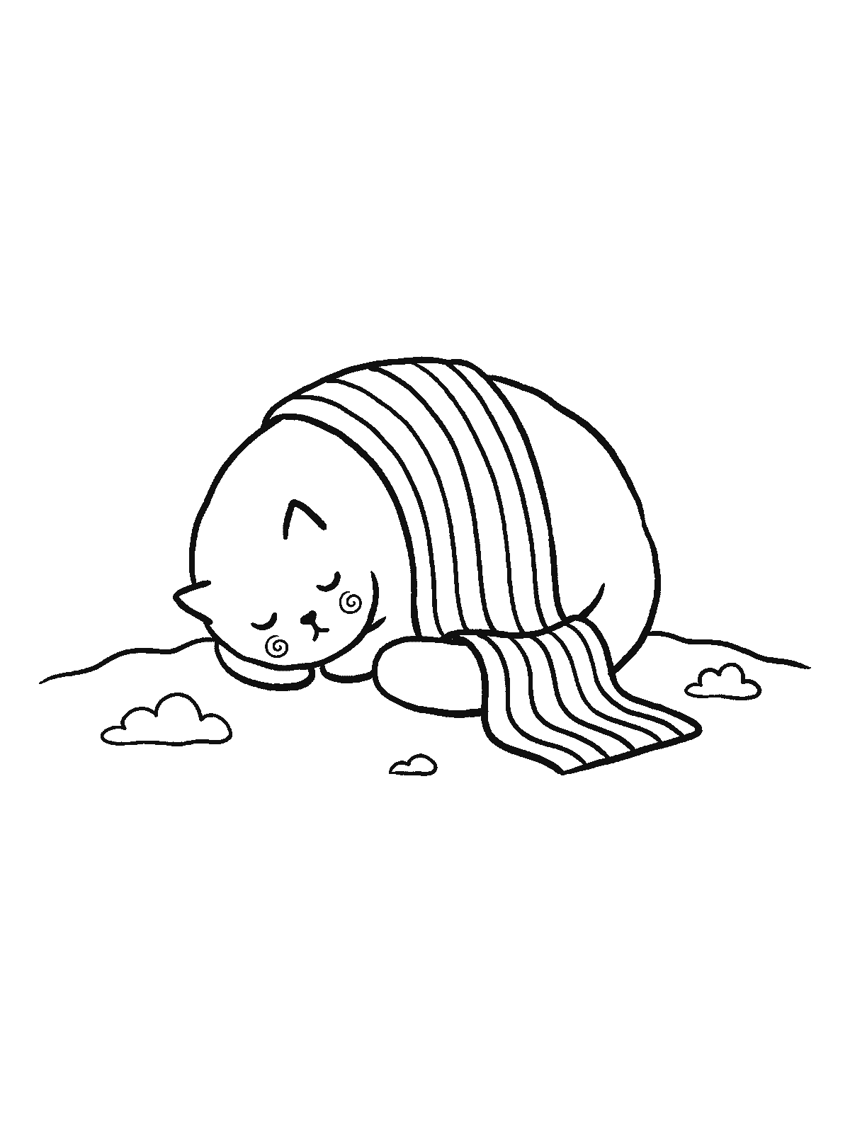Coloring page: a cat curled up asleep on the ground where a rainbow touches down, the rainbow stripes lying across the cat like a blanket