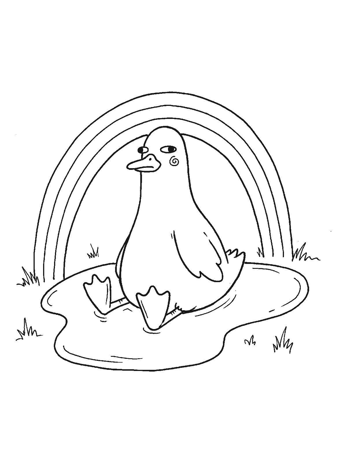 Ausmalbild: Eine Ente schwimmt in einer Pfütze, die kaum größer ist als sie selbst, darüber spannt sich ein kleiner Regenbogen von Rand zu Rand