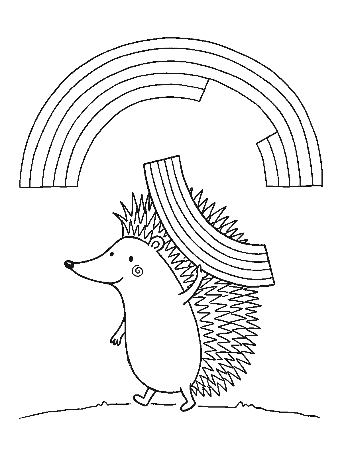 Ausmalbild: Ein Igel läuft mit einem gebogenen Stück Regenbogen auf den Stacheln, während der Regenbogen am Himmel eine passende Lücke hat