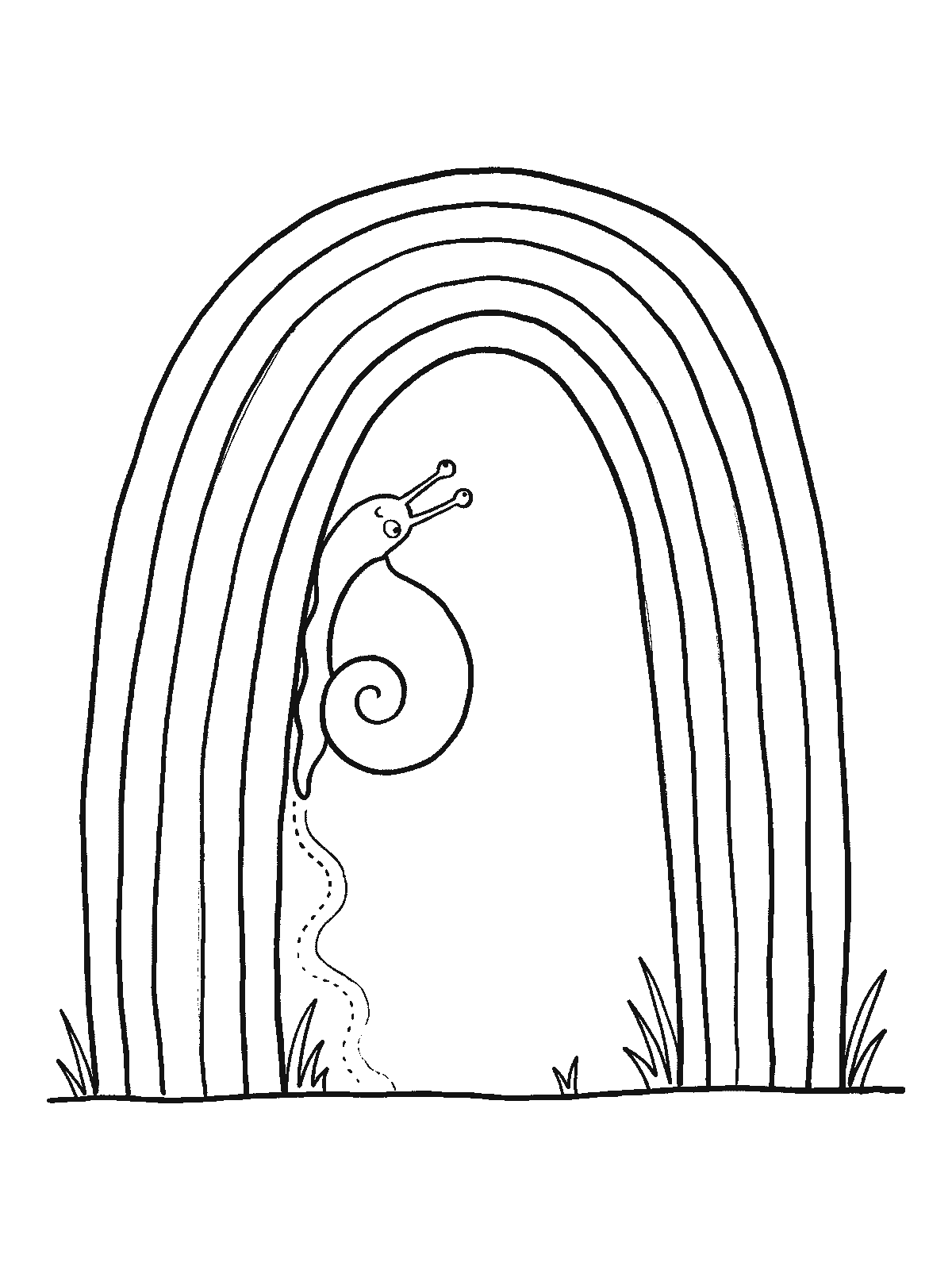 Ausmalbild: Eine Schnecke kriecht langsam an der Innenseite eines Regenbogens hinauf wie an einem steilen Berg und zieht eine glänzende Spur hinter sich her