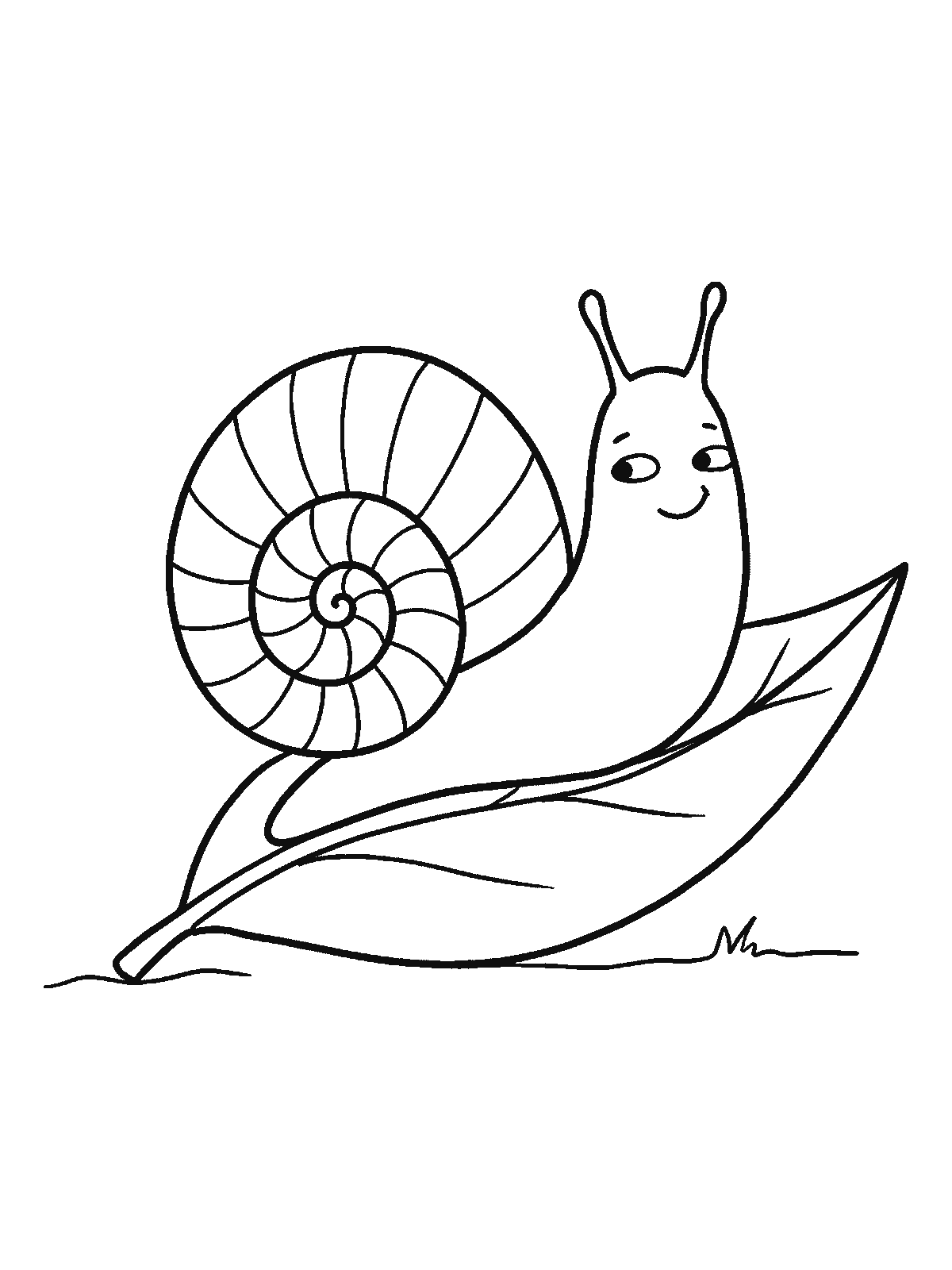 Coloring page: a happy snail whose shell is drawn as a spiral of rainbow stripes, moving along a leaf