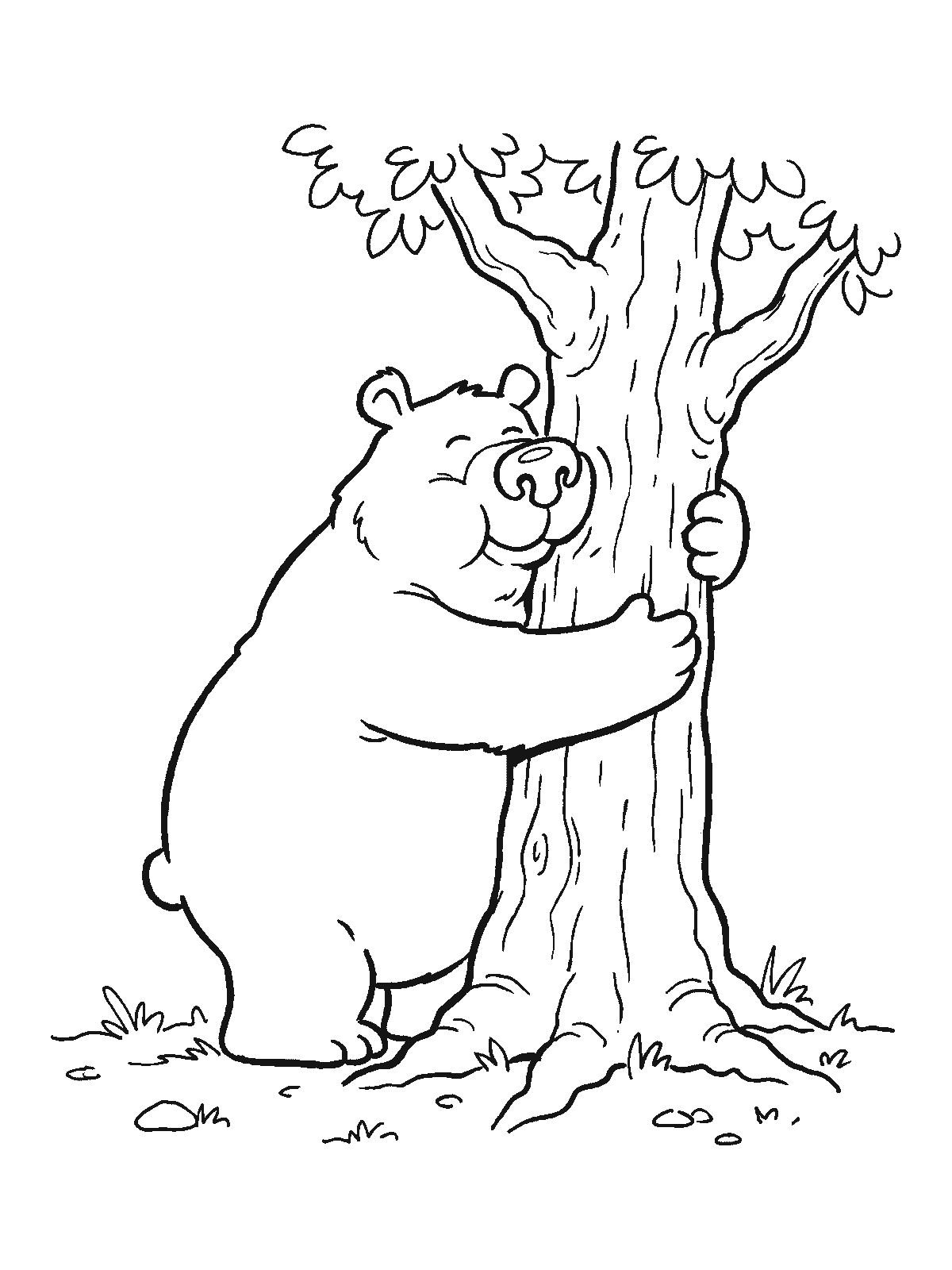 Coloring page: a big bear hugging a tree trunk with both arms and its cheek pressed against the bark, eyes closed happily