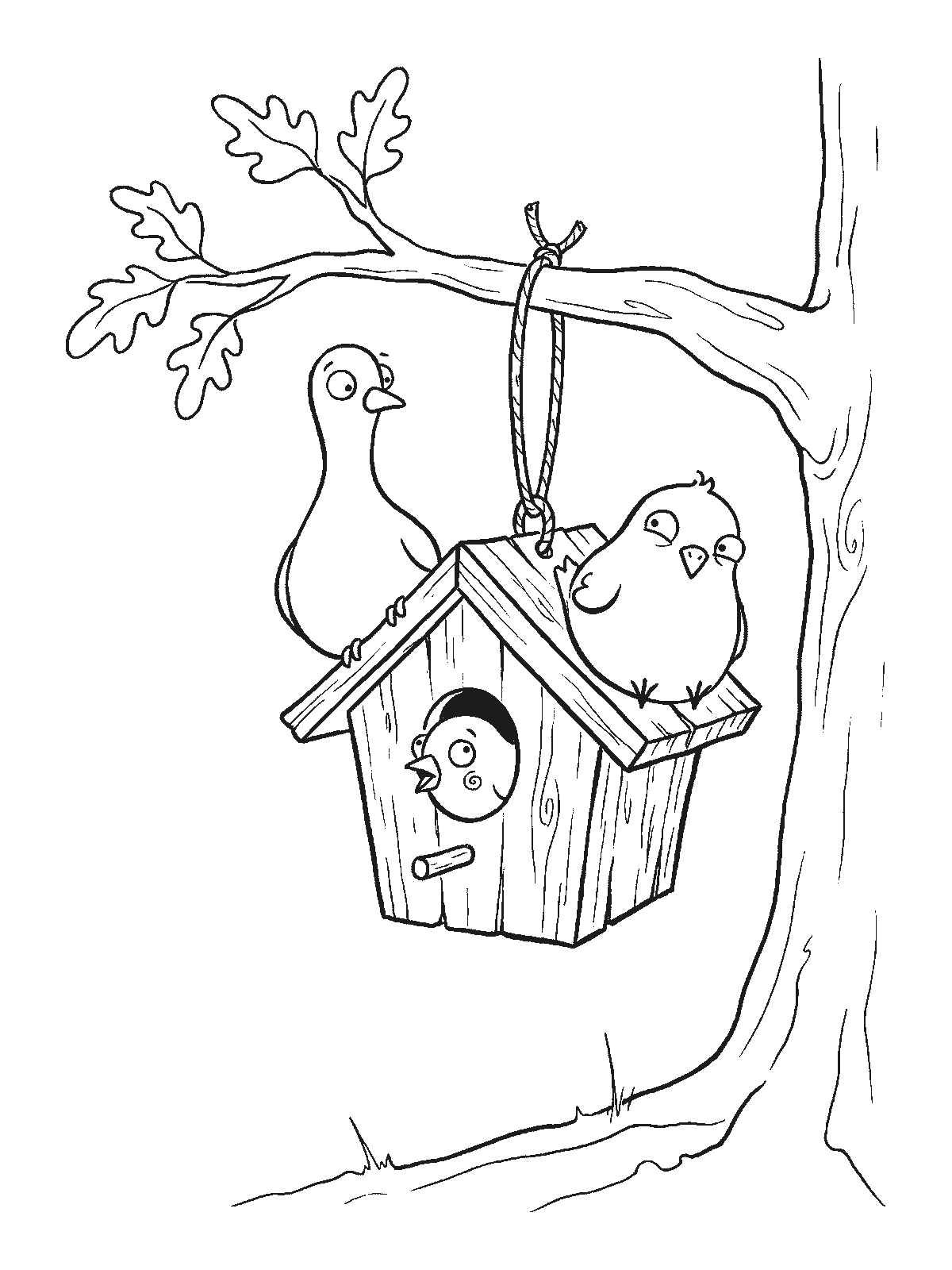 Coloring page: a tree with a small wooden birdhouse hanging from a branch, two birds sitting on the roof and one peeking out of the round door