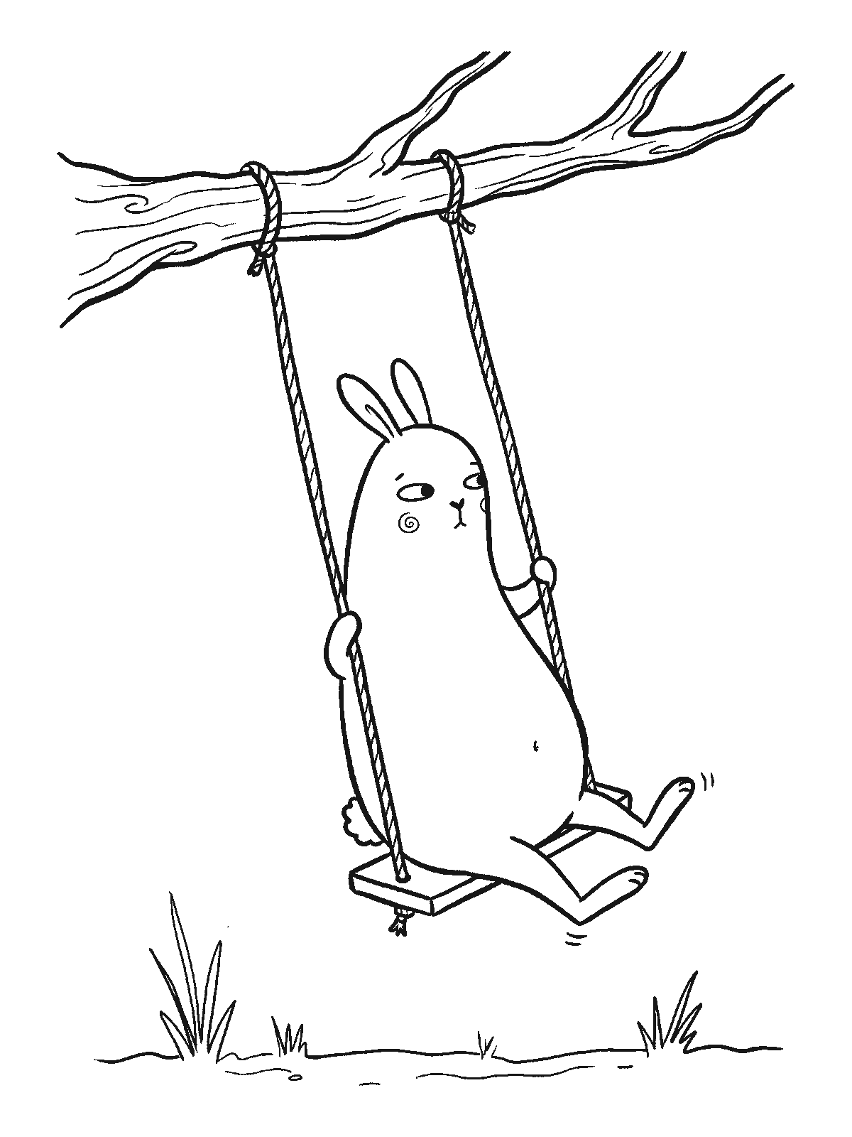 Coloring page: a simple rope swing hanging from a strong tree branch with a bunny sitting on the swing seat, feet in the air