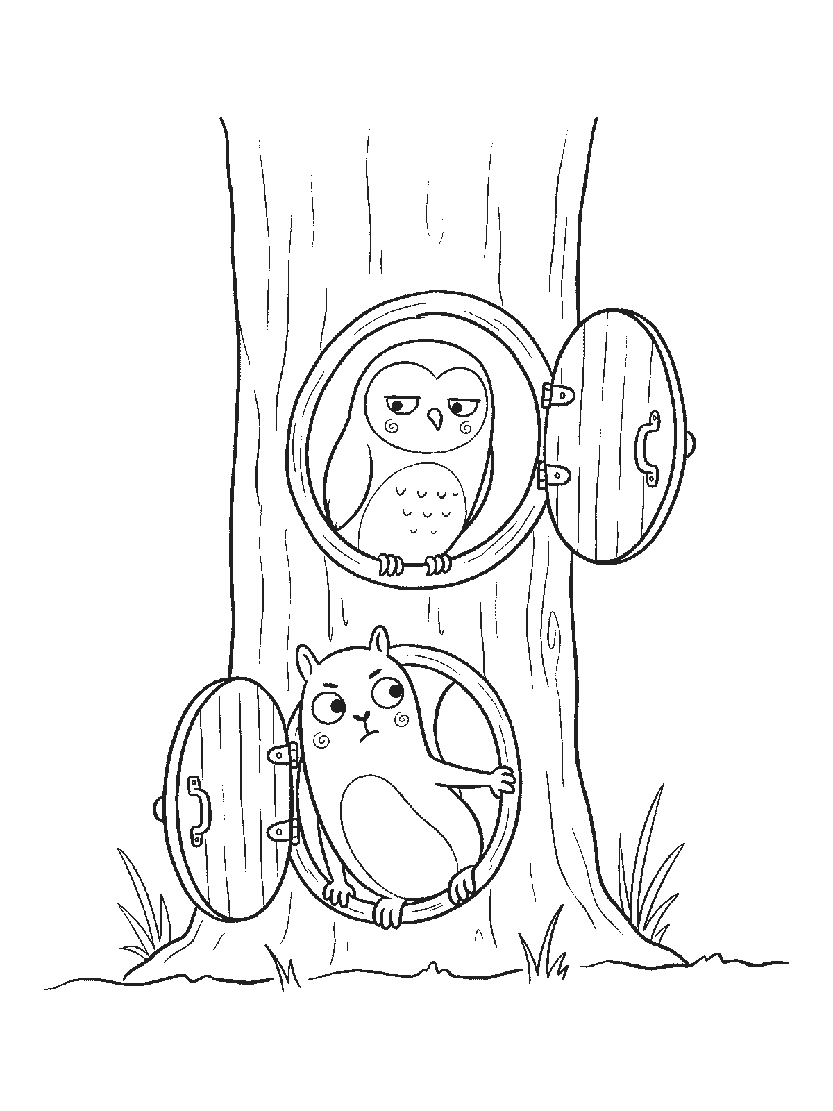 Coloring page: a tree trunk with two round doors one above the other, a squirrel leaning out of the lower door and an owl looking out of the upper one