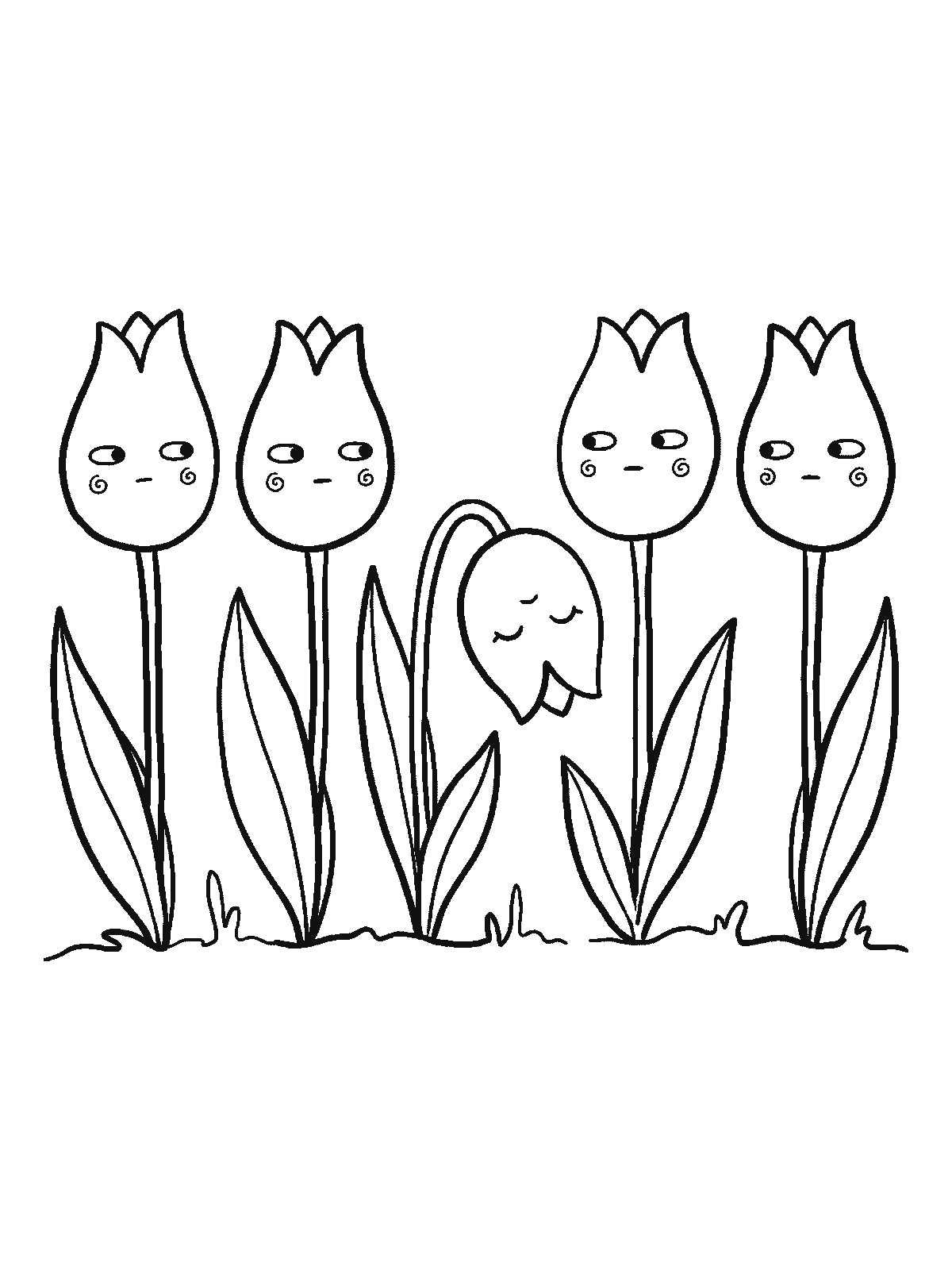 Coloring page: a neat row of five open tulips standing straight up while the middle one droops over fast asleep with closed eyes