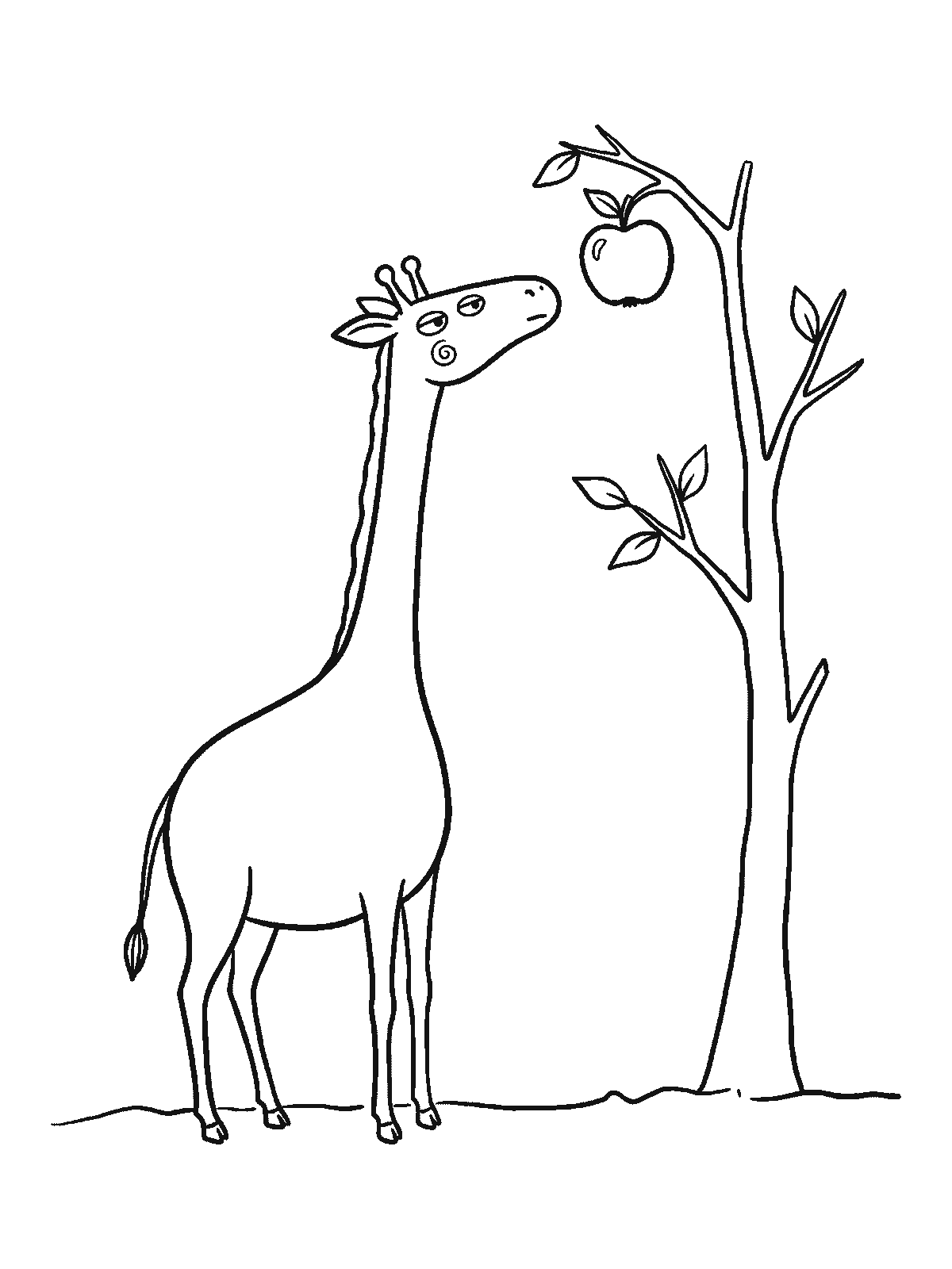 Ausmalbild: Eine Giraffe steht und streckt den Hals nach oben, um einen runden Apfel an einem kleinen Baum zu erreichen