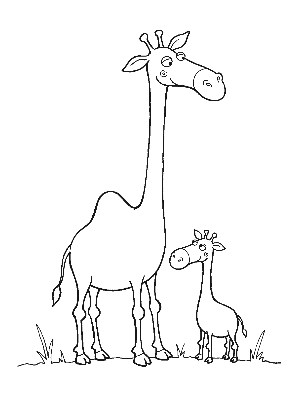 Ausmalbild: Eine große Giraffe und ein viel kleineres Giraffenbaby stehen nebeneinander, beide nach vorn gewandt