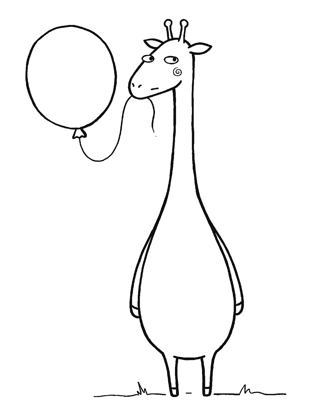 Coloring page: a giraffe holds the string of one big round balloon in its mouth, the balloon floating beside its head