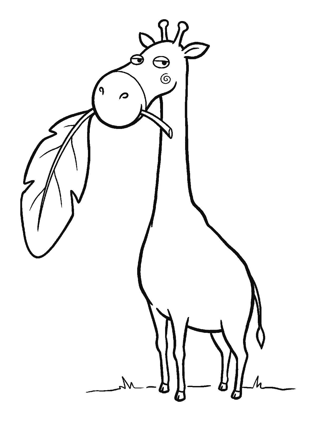 Coloring page: a giraffe holds one very big leaf in its mouth by the stem, the leaf almost as wide as its head