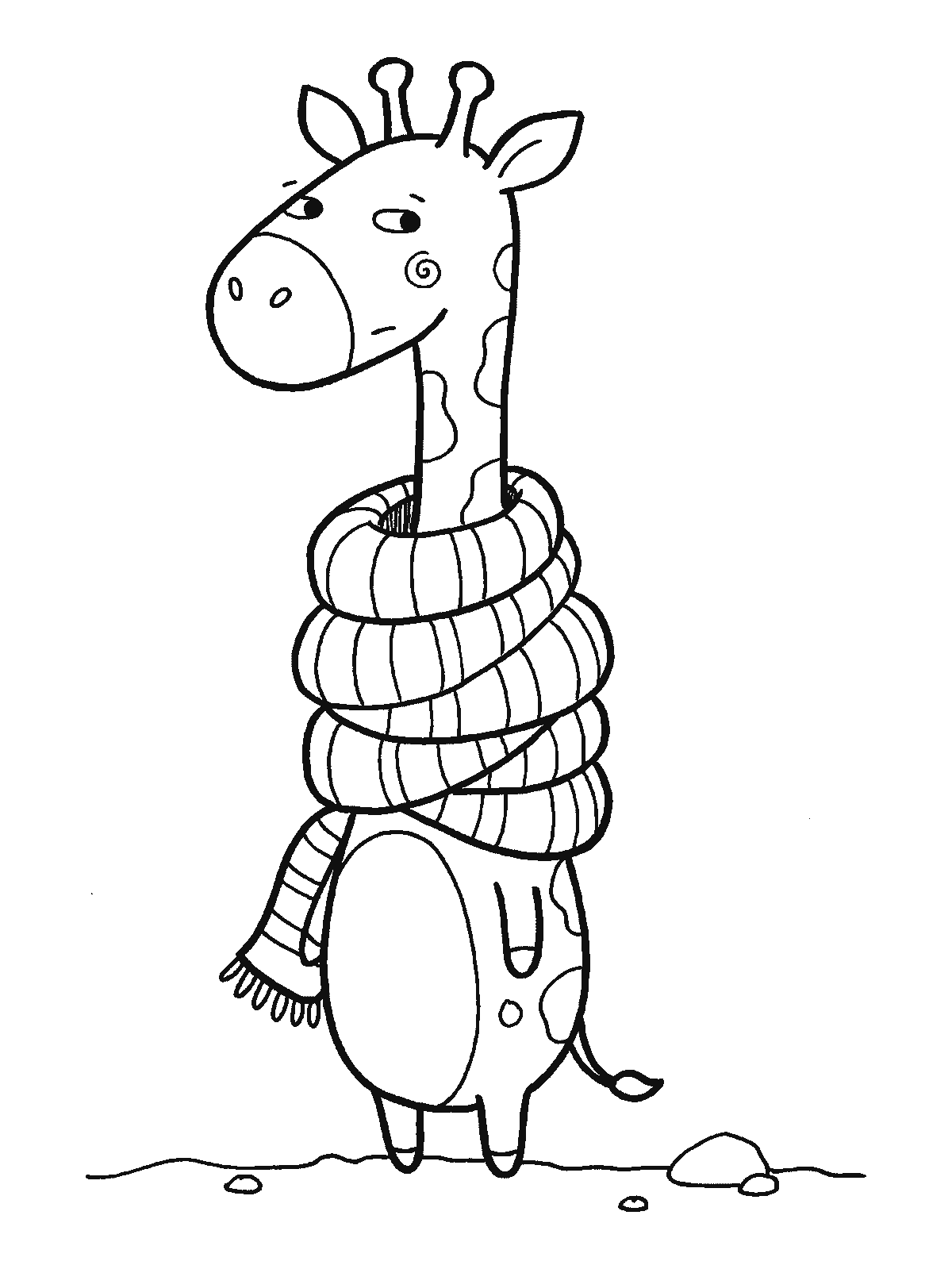 Ausmalbild: Eine Giraffe steht und trägt einen sehr langen gestreiften Schal, der mehrmals um ihren langen Hals gewickelt ist