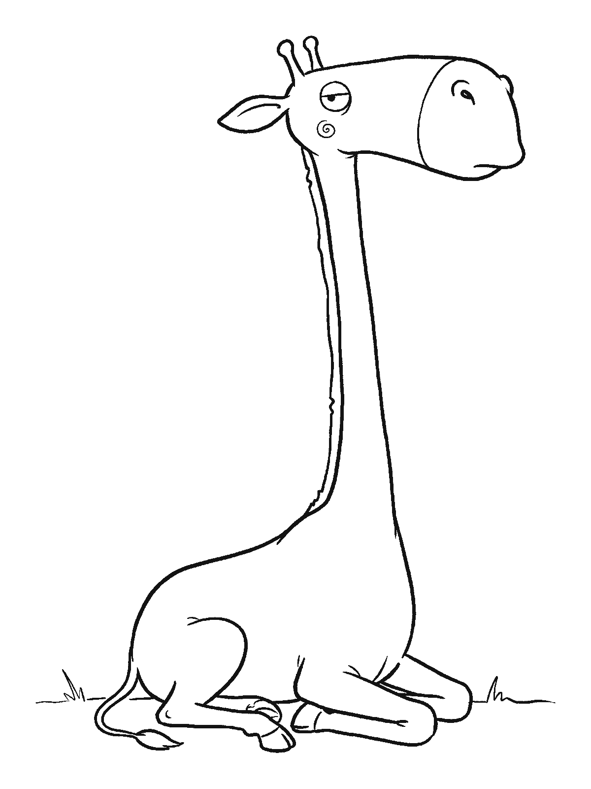Ausmalbild: Eine Giraffe sitzt auf dem Boden, alle vier Beine ordentlich untergeschlagen, den Hals nach oben gestreckt