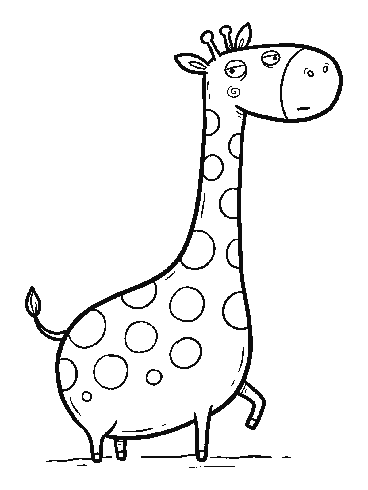 Coloring page: a giraffe stands sideways, its coat covered with about twelve big round empty outlined spots