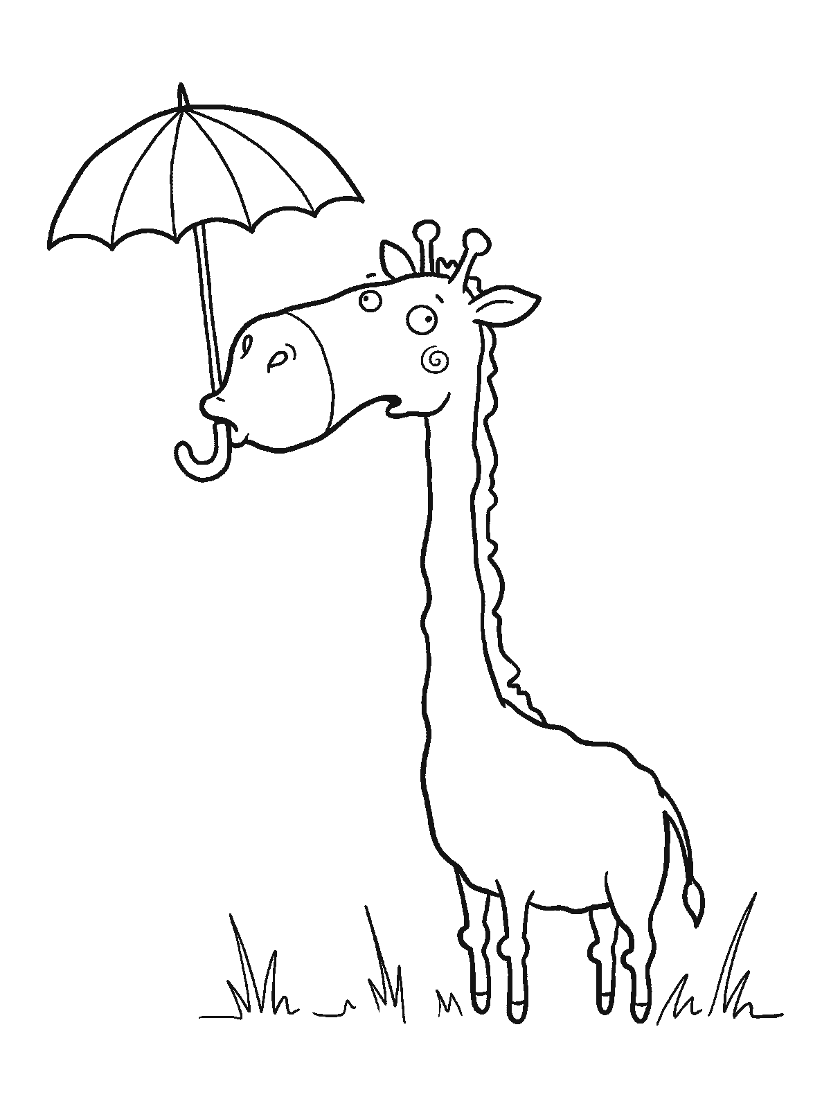 Ausmalbild: Eine Giraffe hält den Griff eines kleinen aufgespannten Regenschirms im Maul, der Schirm ist viel zu klein für sie