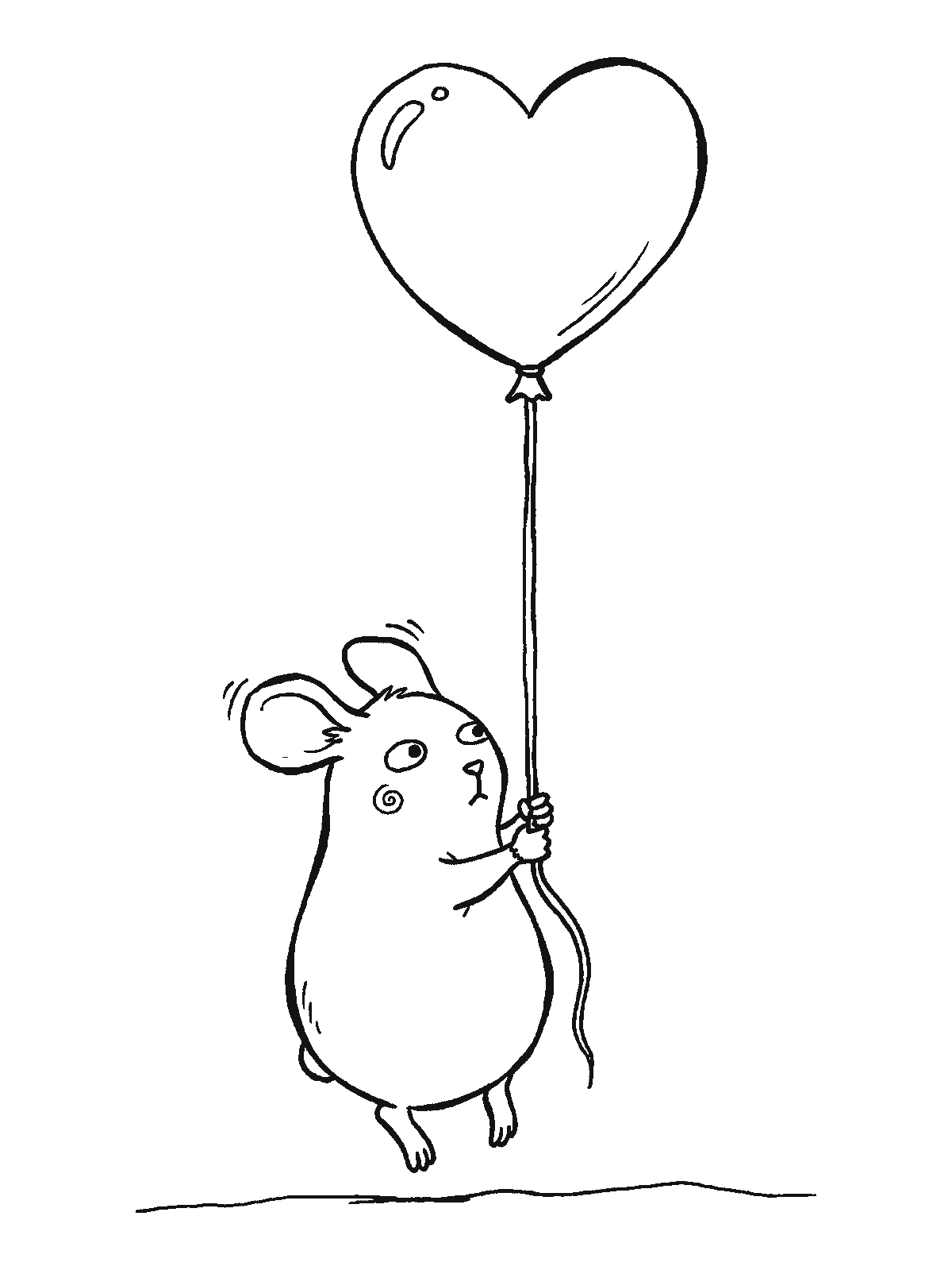 Ausmalbild: Eine kleine runde Maus hält mit beiden Pfoten die Schnur eines großen herzförmigen Ballons, die Hinterfüße verlassen gerade den Boden, die Ohren wehen nach oben